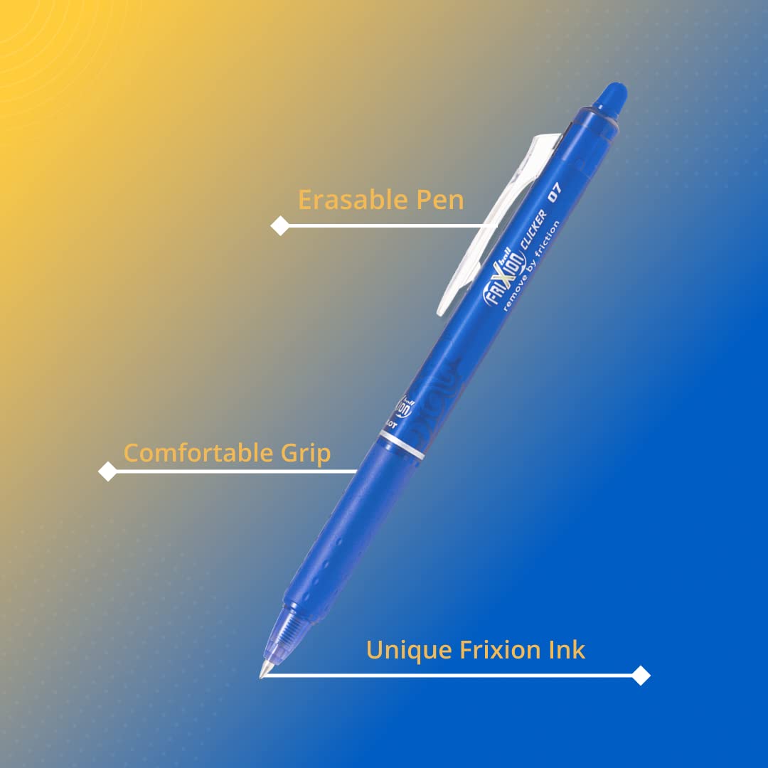 Pilot Frixion Clicker 0.7mm Fine Point Roller Ball Pen with Comfortable Dimpled Grip & Inbuild Eraser | Blue Ink