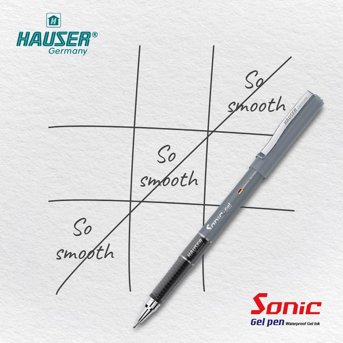 Hauser Sonic 0.55mm Gel Pen Box Pack | Attractive Foiled Body | Stylish Metal Clip | Refillable & Waterproof Gel Ink | German Technology For Smooth & Effortless Writing | Black Ink Set of 10 Gel Pens