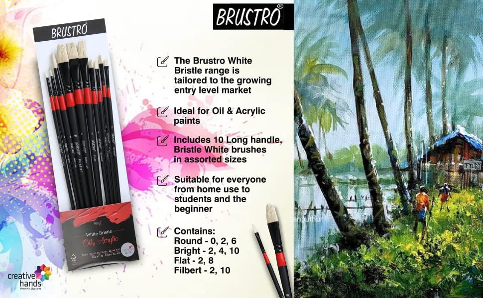 Brustro Artists ’ White Bristle Set of 10 Brushes for Oil and Acrylic.