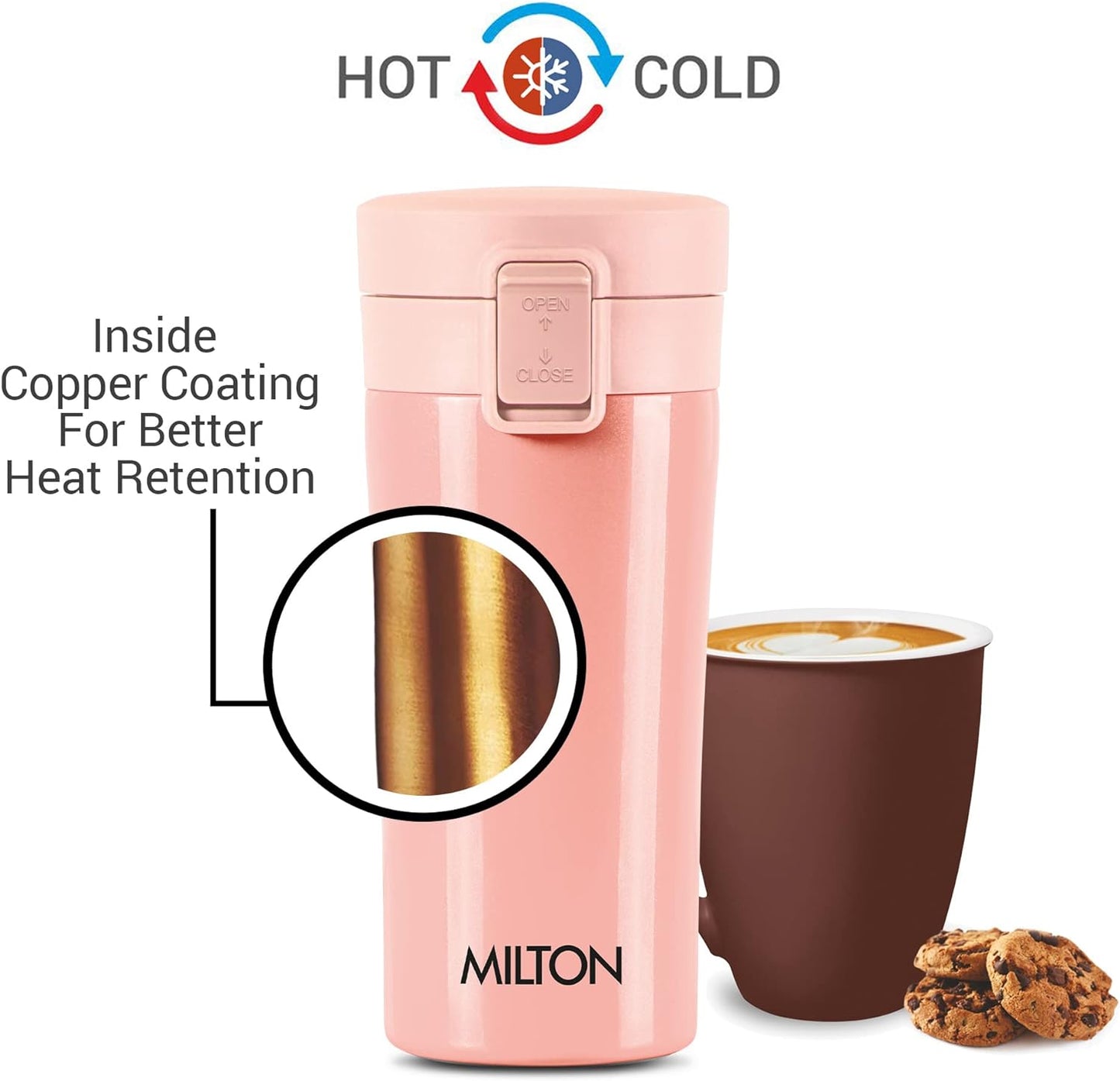 Milton Coffee Mug Thermosteel Hot or Cold Insulated Flask, 300 ml, Peach | Leak Proof | Rust Proof | Tea Mug | Soup Flask | Juice Mug | Water Flask | Easy Grip | Easy to Carry