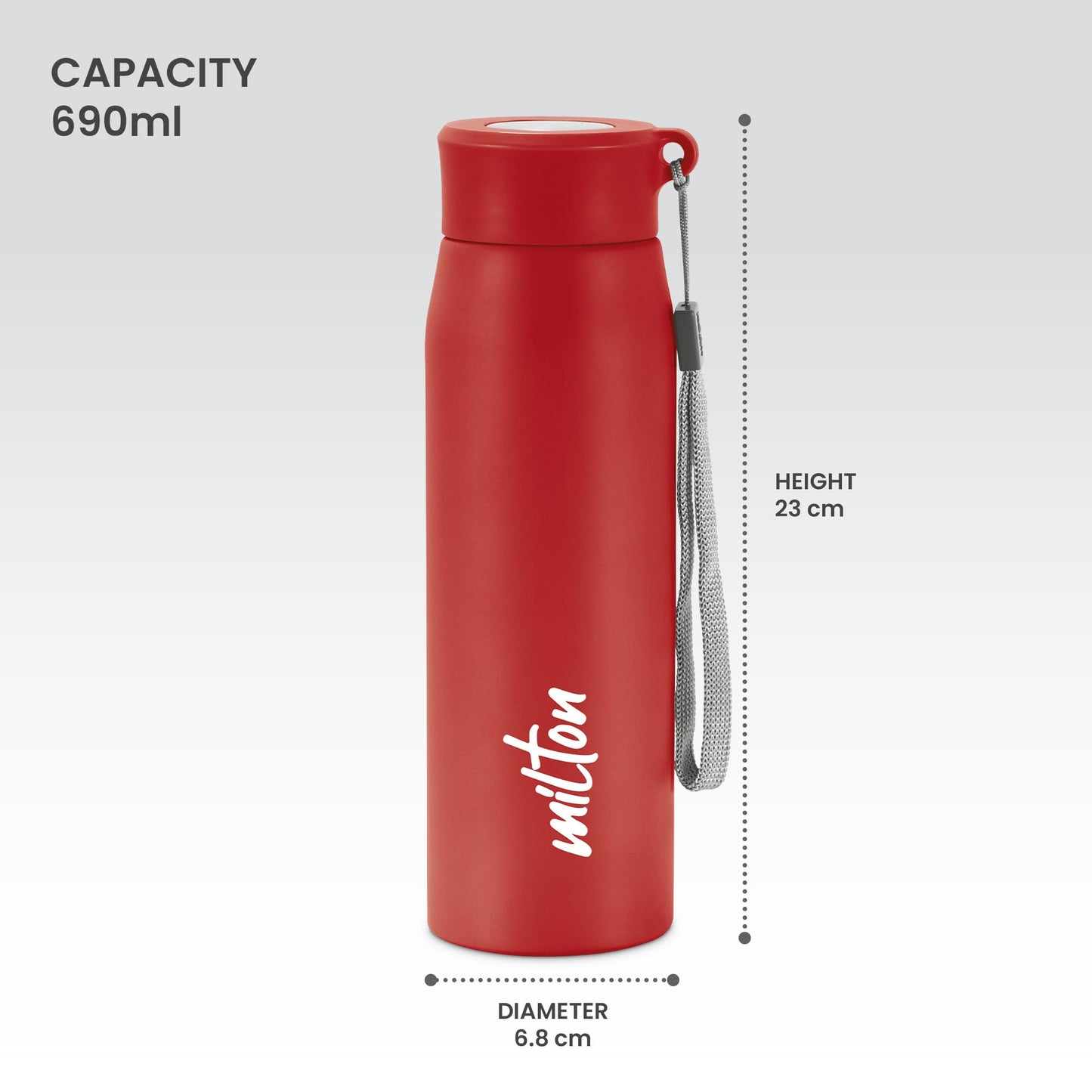 Milton Handy 650 Stainless Steel Water Bottle, 690 ml water bottles, Single walled, Leak-Proof, Rust-free Steel Bottle, Easy Grip, Easy to Carry, Travel Bottle, Red