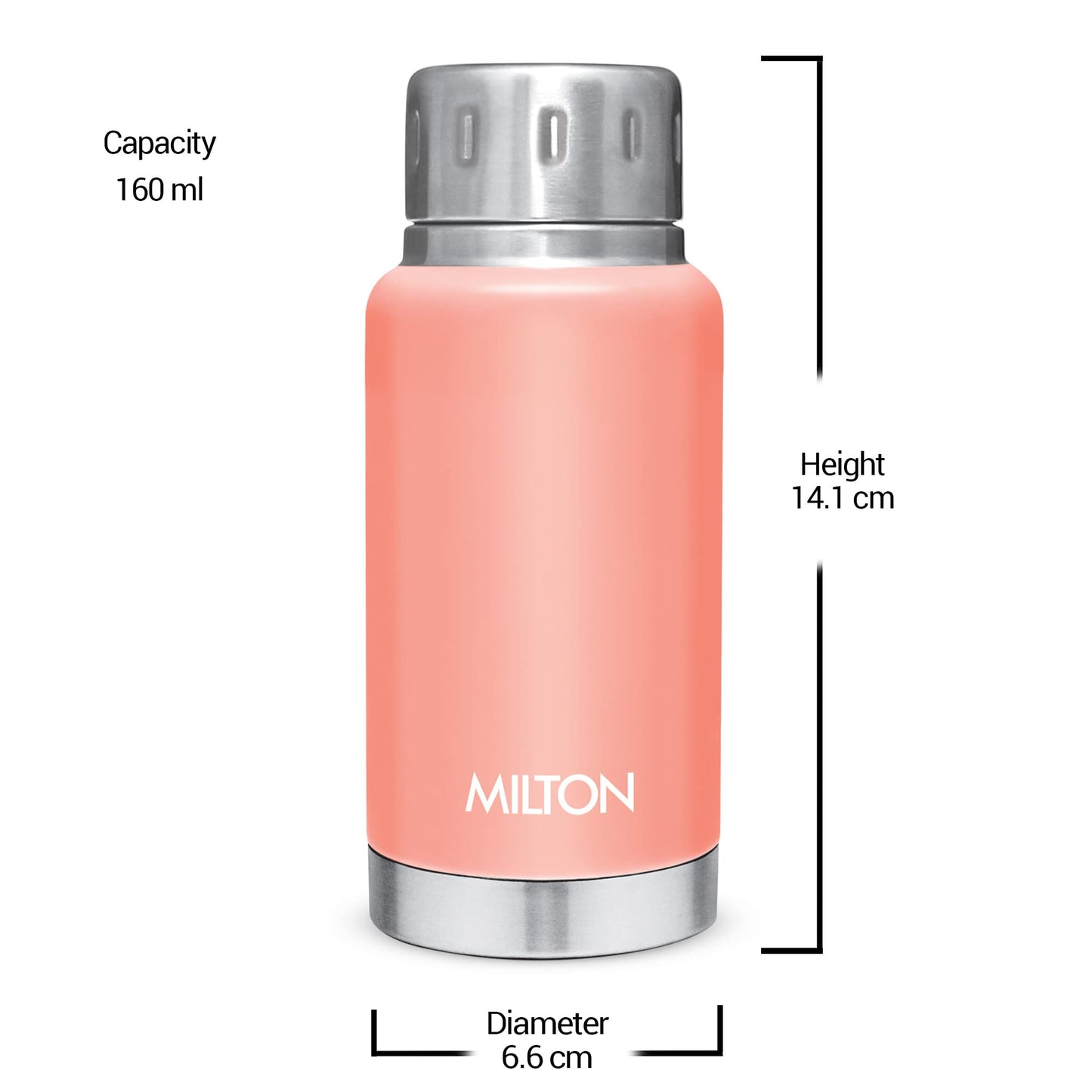 Milton Elfin 160 Thermosteel Bottle, 160 ml Water Bottles, 24 Hours Hot and Cold, Easy to Carry, Easy Grip, Rust Proof, Tea, Coffee, Office, Travel Bottle, Peach