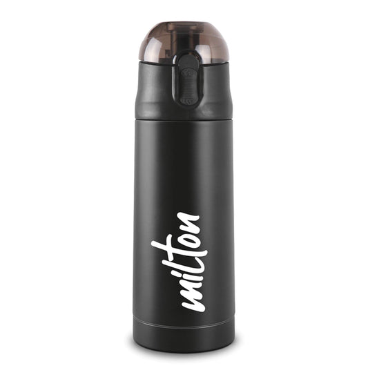 Milton New Crown 600 Thermosteel Bottle with One Touch Safety Lock, 500 ml Water Bottles, 24 Hours Hot and Cold, Easy to Carry, Easy Grip, Rust Proof, Tea, Coffee, Office, Travel Bottle, Black