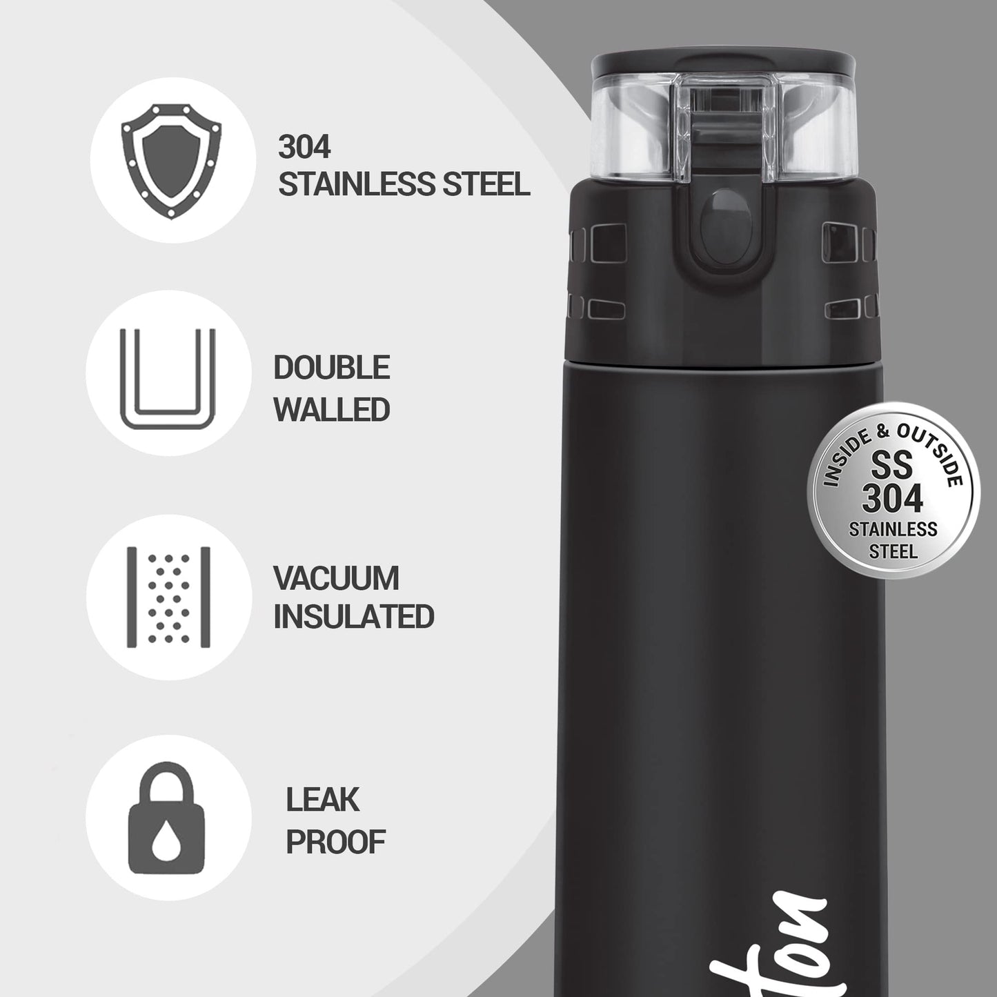 Milton Atlantis 400 Thermosteel Insulated Water Bottle, 350 ml, Black | Hot and Cold | Leak Proof | Office Bottle | Sports | Home | Kitchen | Hiking | Treking | Travel | Easy to Carry | Rust Proof