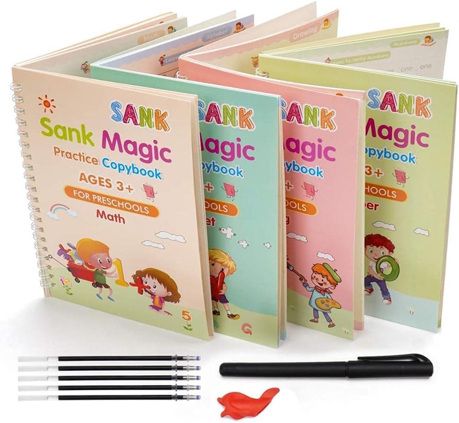 Sank Magic Practice Copybook, (4 Book + 10 Refill) Number Tracing Book for Preschoolers with Pen, Magic Calligraphy Copybook Set Practical Reusable Writing Tool Simple Hand Lettering