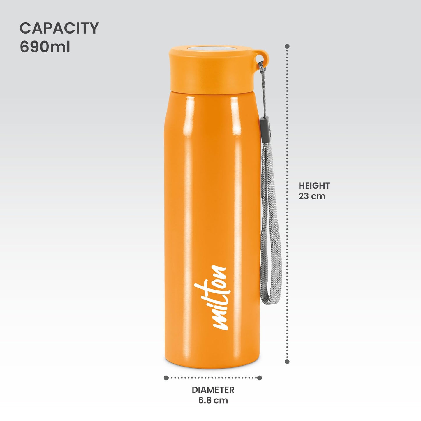 Milton Handy 650 Stainless Steel Water Bottle, 690 ml water bottles, Single walled, Leak-Proof, Rust-free Steel Bottle, Easy Grip, Easy to Carry, Travel Bottle, Orange