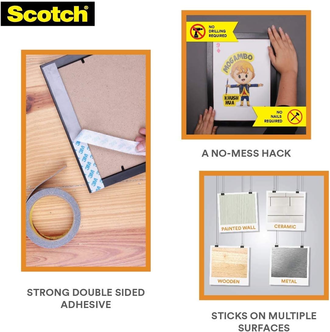 Scotch Double Sided Tape by 3M (1m holds 4.5Kgs) for indoor hanging applications (Photo frames, Mirrors, Key Holders, Car Interiors, Extension Boards, Wall decoration, etc)(L: 3m, W: 24mm)  - grey