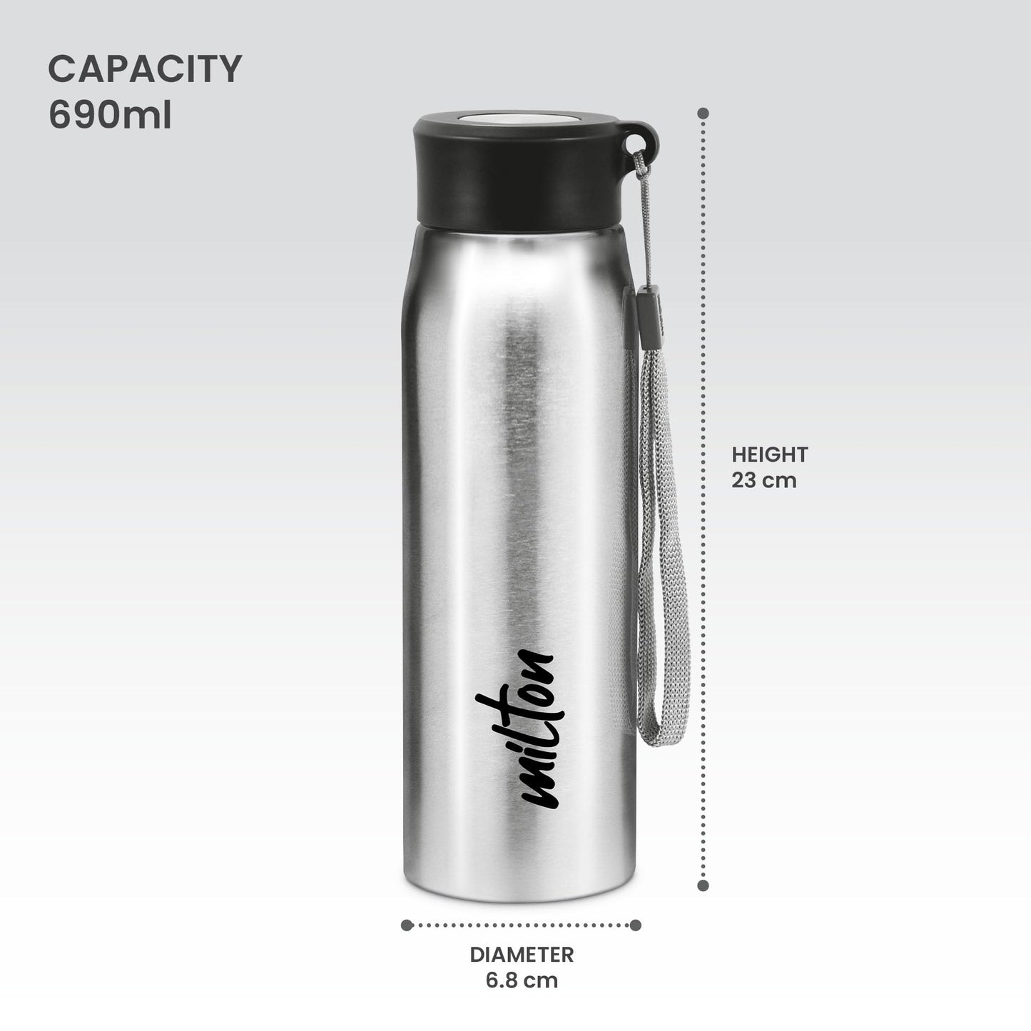 Milton Handy 650 Stainless Steel Water Bottle, 690 ml water bottles, Single walled, Leak-Proof, Rust-free Steel Bottle, Easy Grip, Easy to Carry, Travel Bottle, Silver