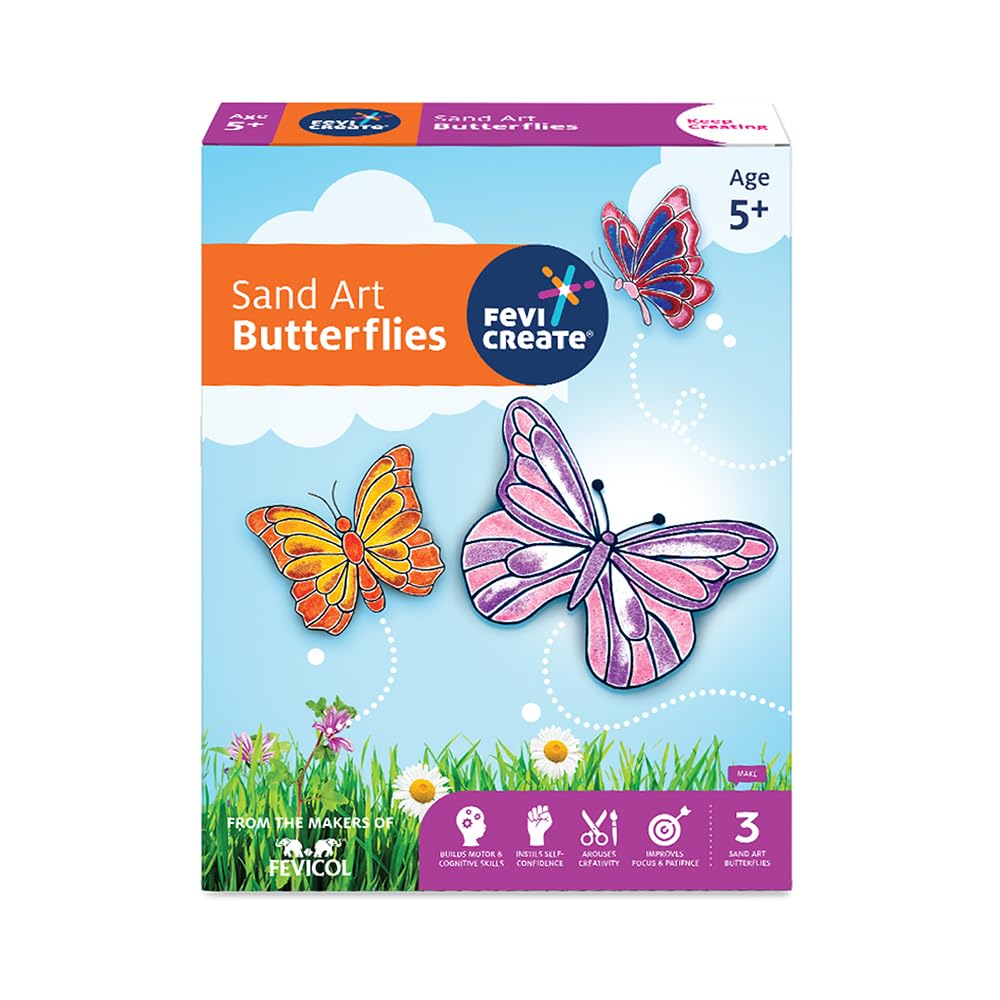 Pidilite Fevicreate DIY Sand Art Butterflies Art & Craft kit Includes Butterfly templates, Multi-Colored Sand, Fevicol MR, Magnet Strip, Spatula & More | Best Gift for Boys & Girls Age 5 Years+
