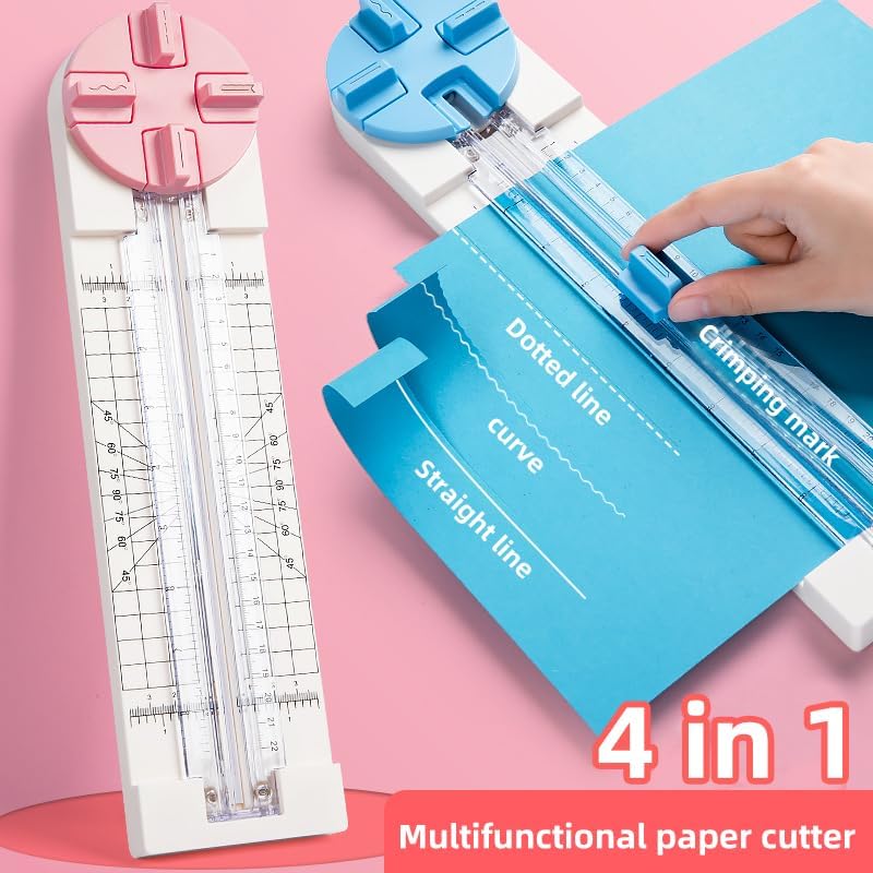 4 in 1 Portable Paper Trimmer, Multi-Function Scrapbooking Tool with Security Safeguard for Cutting Straight Dashed Curves Creasing Lines