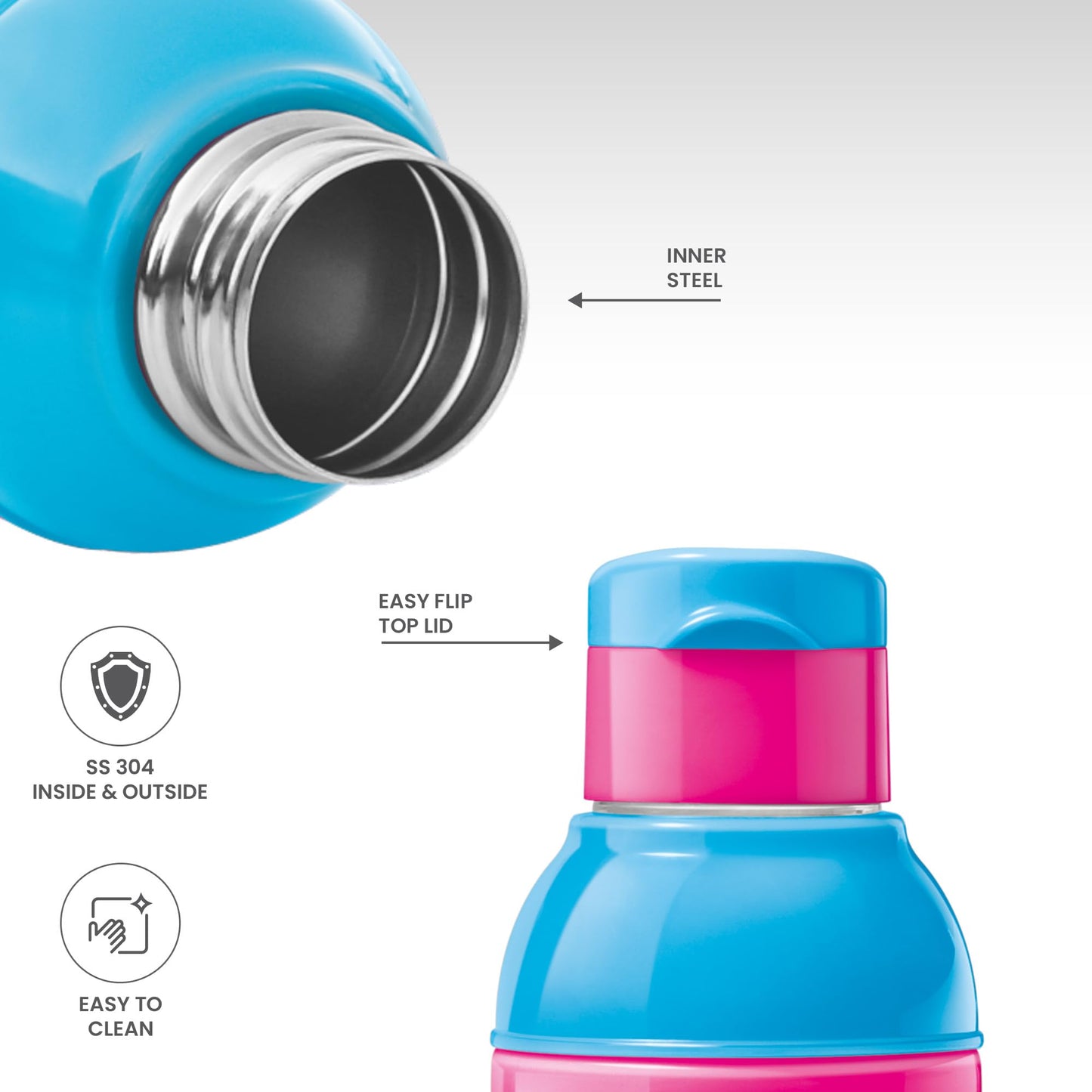 Milton Steel Barbie 600 Insulated Inner Stainless Steel Kids Water Bottle, 520 ml, Cherry Pink & Blue | PU Insulated | Hot & Cold | Easy to Carry | Leak Proof