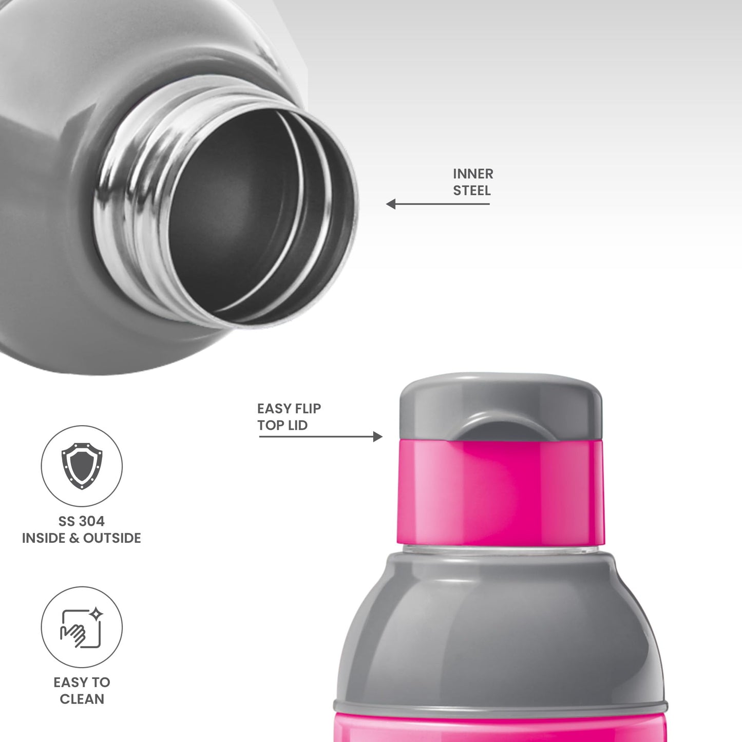 Milton Steel Barbie 600 Insulated Inner Stainless Steel Kids Water Bottle, 520 ml, Cherry Pink & Grey | PU Insulated | Hot & Cold | Easy to Carry | Leak Proof