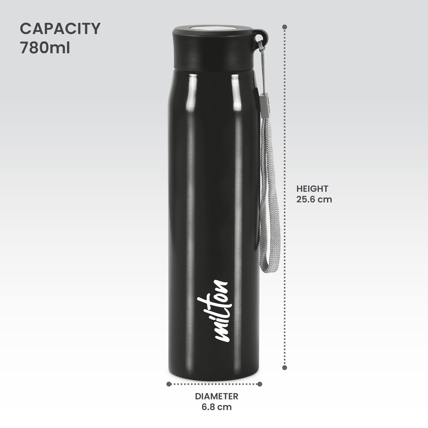 Milton Handy 850 Stainless Steel Water Bottle, 780 ml water bottles, Single walled, Leak-Proof, Rust-free Steel Bottle, Easy Grip, Easy to Carry, Travel Bottle, Black