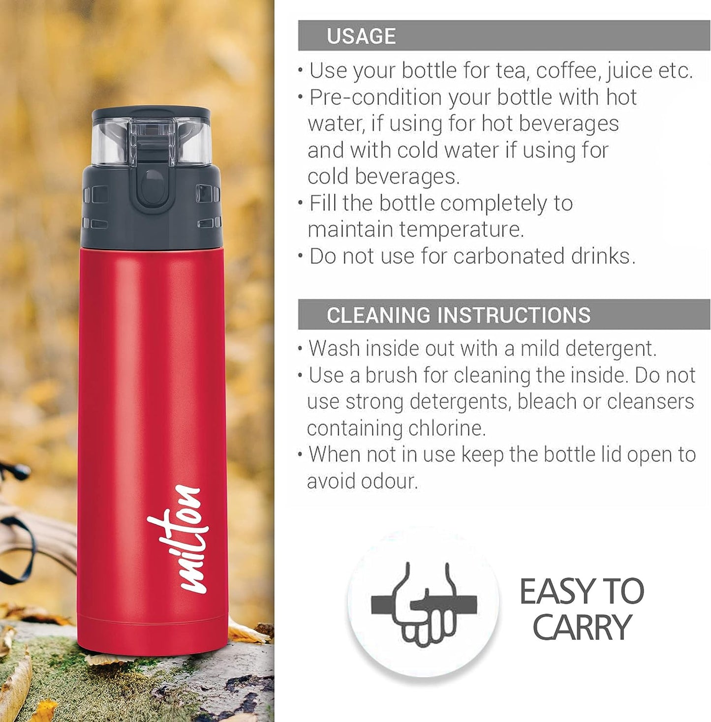 Milton Atlantis 600 Thermosteel Insulated Water Bottle, 500 ml, Red | Hot and Cold | Leak Proof | Office Bottle | Sports | Home | Kitchen | Hiking | Treking | Travel | Easy to Carry | Rust Proof