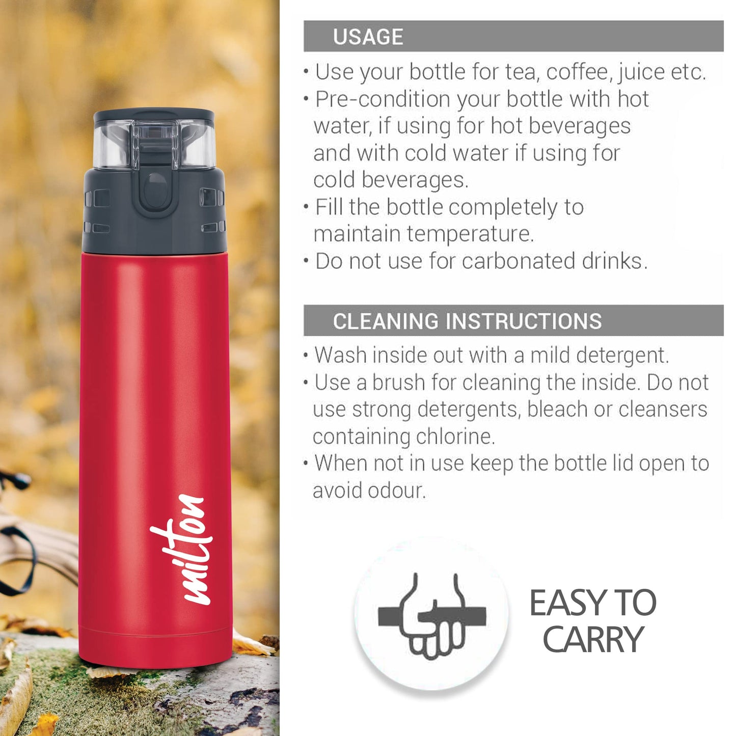 Milton Atlantis 400 Thermosteel Insulated Water Bottle, 350 ml, Red | Hot and Cold | Leak Proof | Office Bottle | Sports | Home | Kitchen | Hiking | Treking | Travel | Easy to Carry | Rust Proof