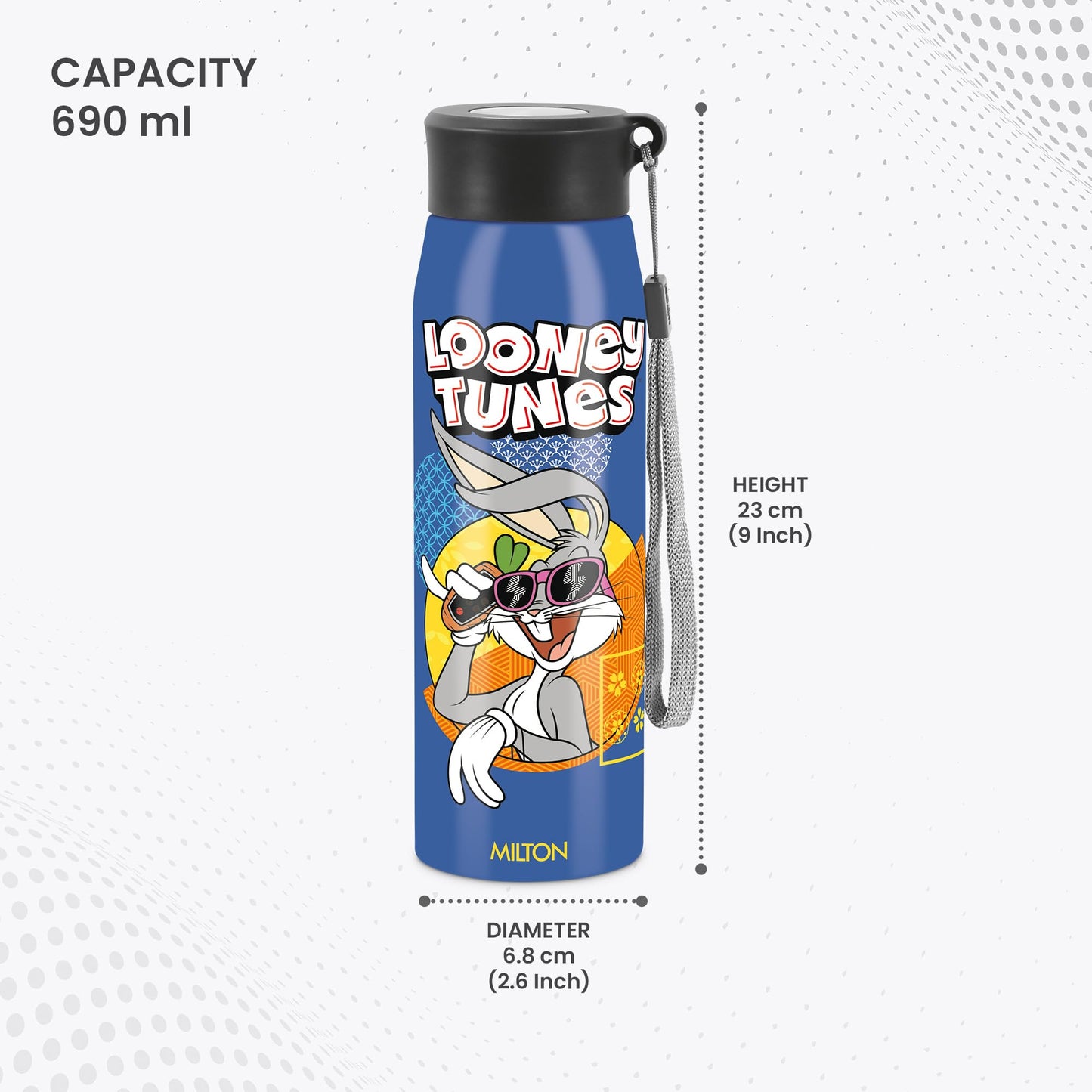 Milton Handy Design 650 Stainless Steel Water Bottle, 690 ml (Looney Tunes - Bunny) | Single walled | Leak Proof | Easy to Carry | Home | Kitchen