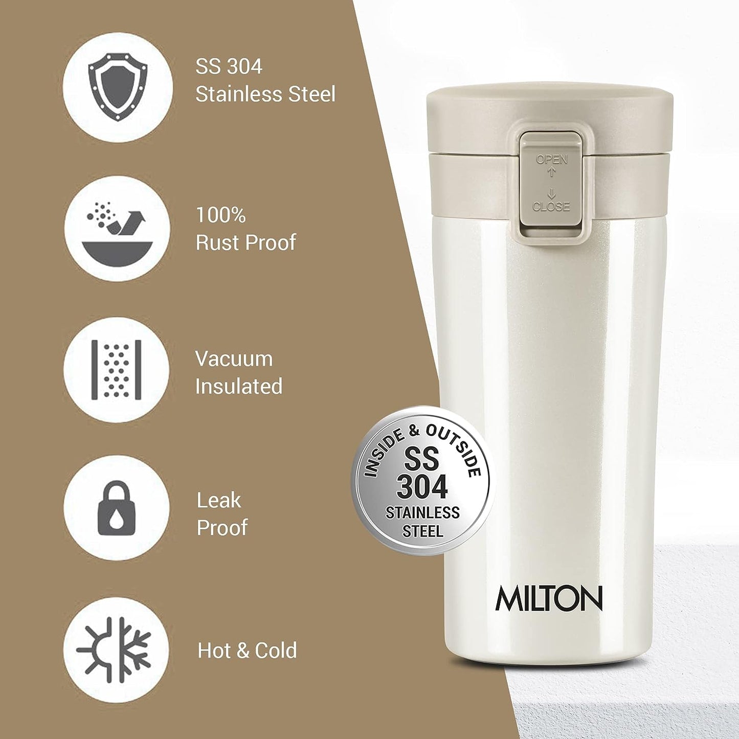 Milton Coffee Mug Thermosteel Hot or Cold Insulated Flask, 300 ml, Peach | Leak Proof | Rust Proof | Tea Mug | Soup Flask | Juice Mug | Water Flask | Easy Grip | Easy to Carry