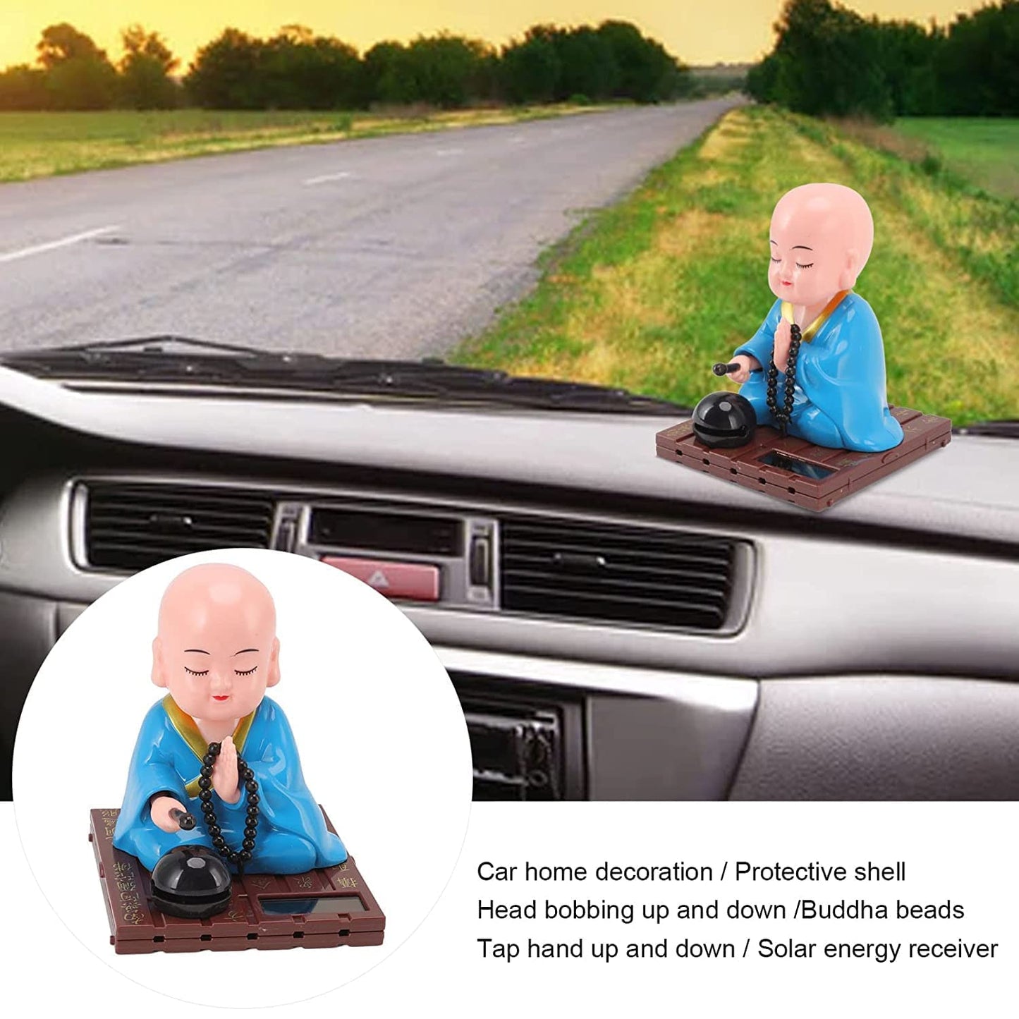 Little Monk Figurine, Solar Chinese Little Buddha Monk Statue, Bring Good Fortune Decoration Ornament, Funny Car Shaking Head Toy, Solar Power Nodding Head Dancing Toy