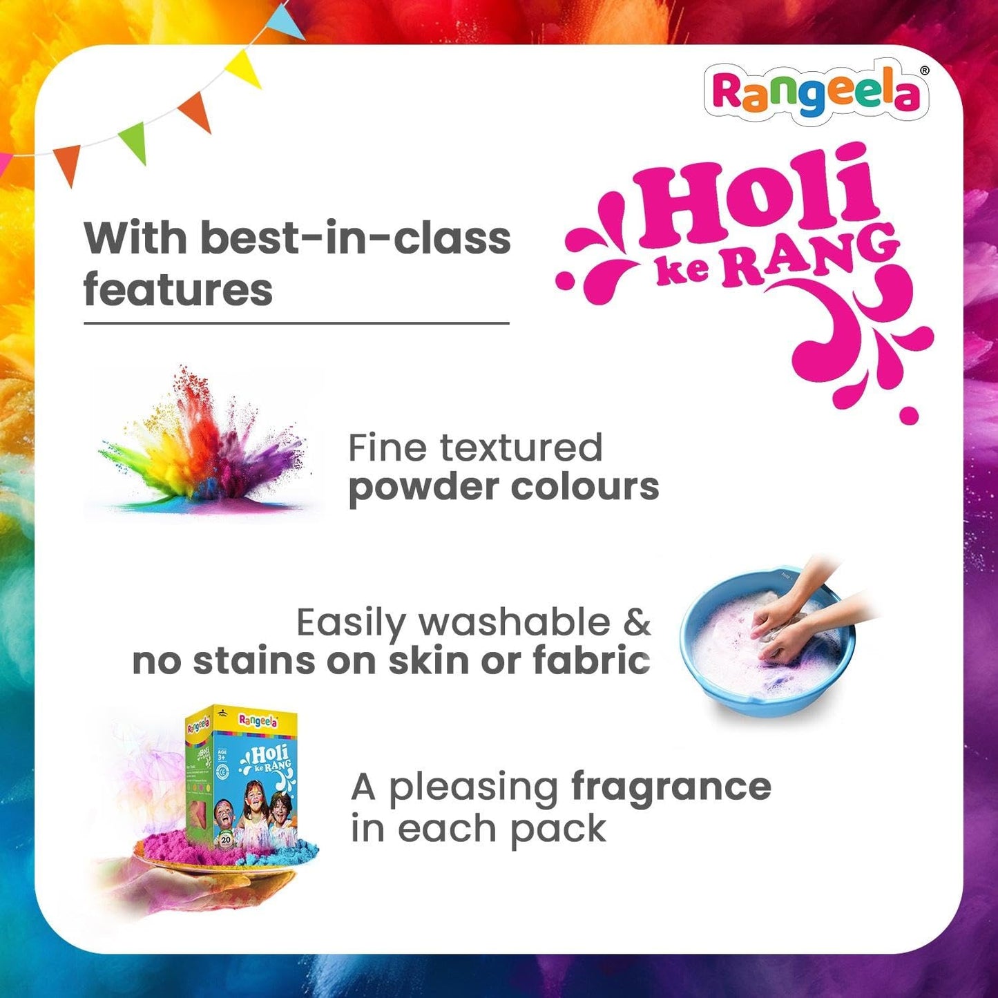 Pidilite Rangeela Holi Ke Rang - 4 Fluorescent Shades of Holi Colours(Floro Pink,Yellow, Orange,Green), Non-Toxic Colours, Soft & Smooth on Skin, Washable, Easy to Remove, 240g, Pack of 1