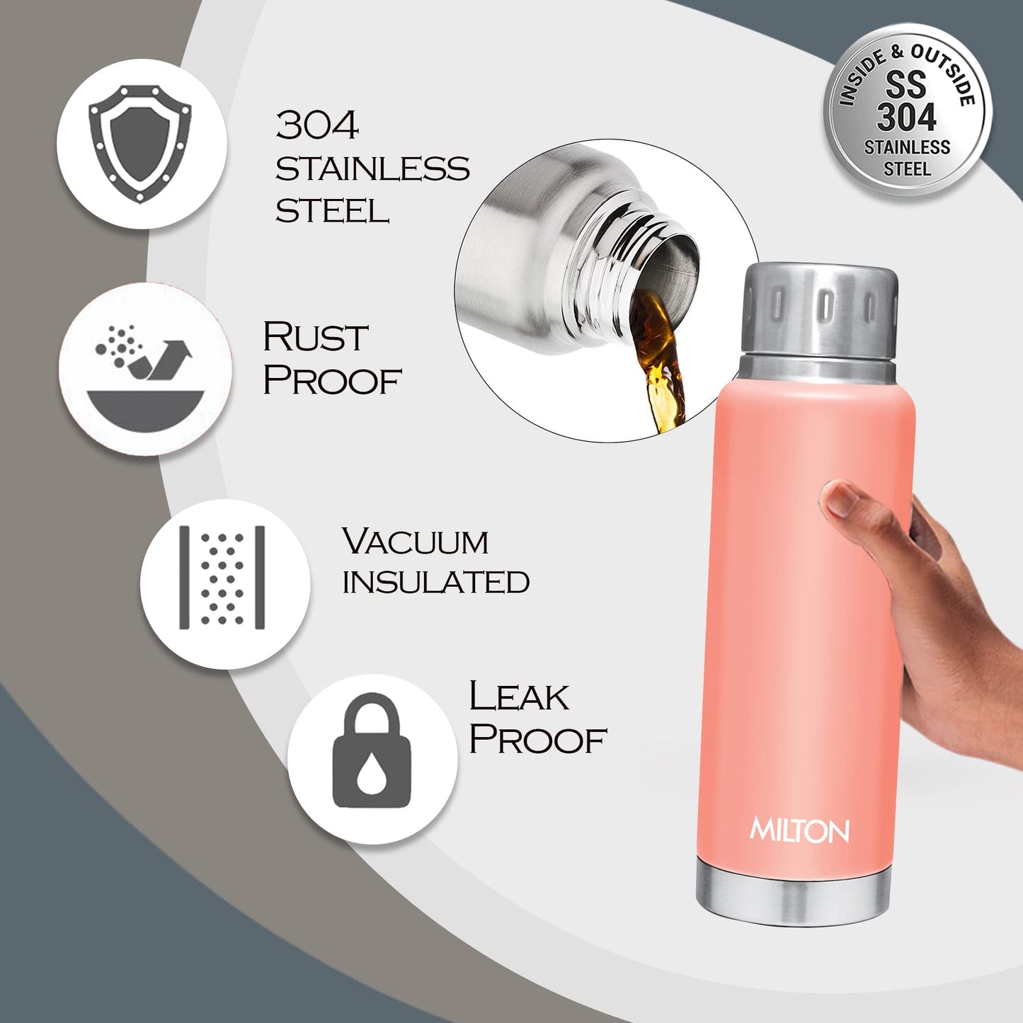 Milton Elfin 160 Thermosteel Bottle, 160 ml Water Bottles, 24 Hours Hot and Cold, Easy to Carry, Easy Grip, Rust Proof, Tea, Coffee, Office, Travel Bottle, Peach