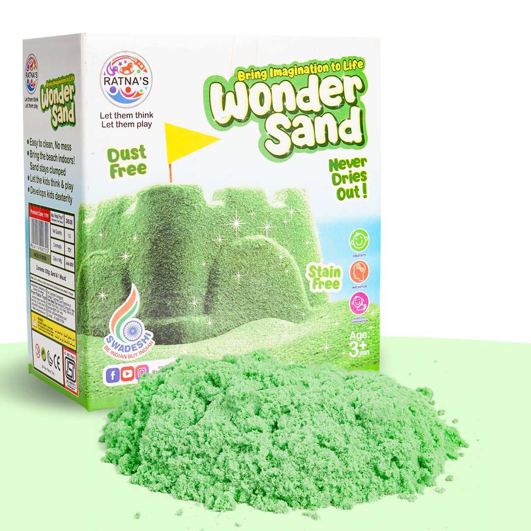 Ratna's Wonder Sand 500g Smooth Sand for Kids with One Big Mould Green Colour - Creative Indoor Play Sand for Kids Beach Fun and Relaxation