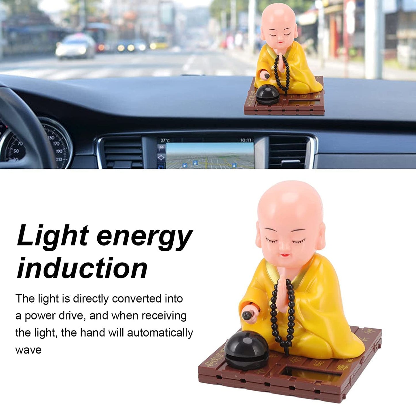 Little Monk Figurine, Solar Chinese Little Buddha Monk Statue, Bring Good Fortune Decoration Ornament, Funny Car Shaking Head Toy, Solar Power Nodding Head Dancing Toy