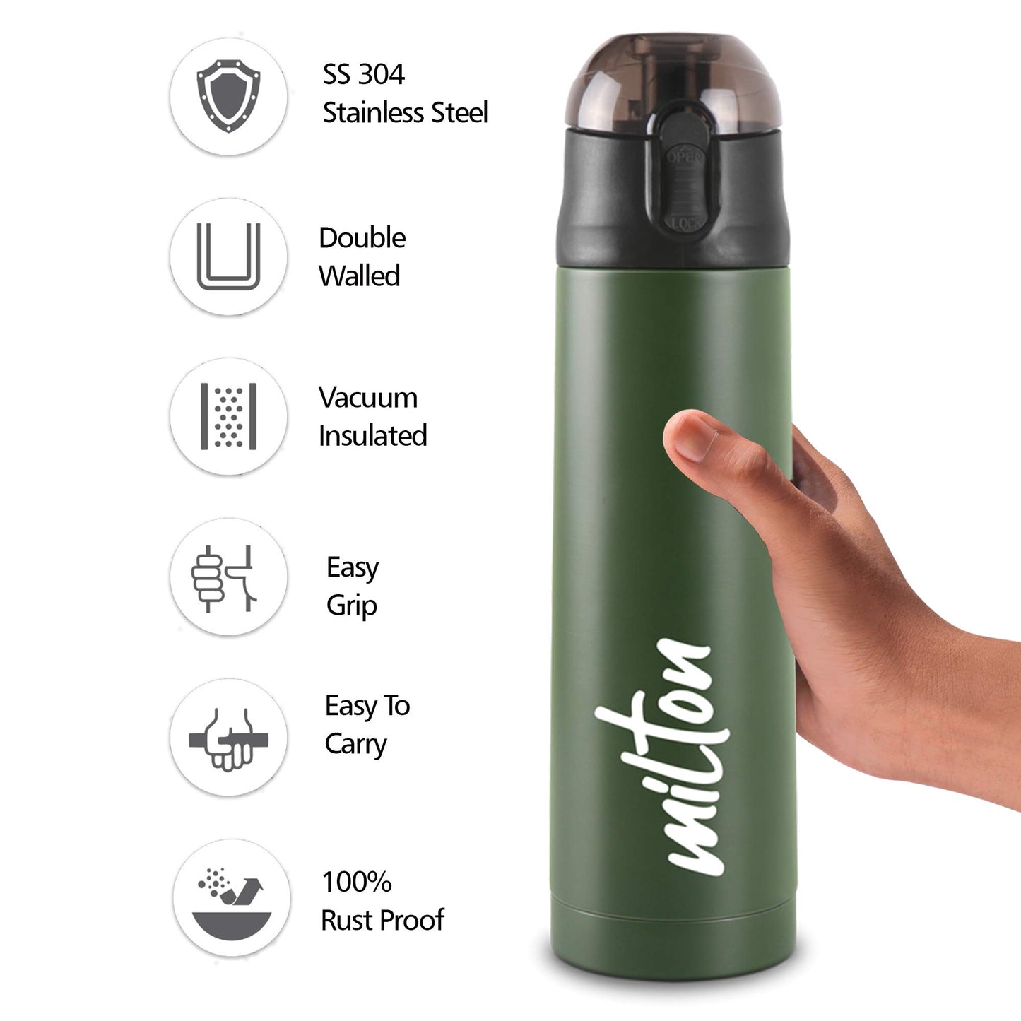 Milton New Crown 600 Thermosteel Bottle with One Touch Safety Lock, 500 ml Water Bottles, 24 Hours Hot and Cold, Easy to Carry, Easy Grip, Rust Proof, Tea, Coffee, Office, Travel Bottle, Green