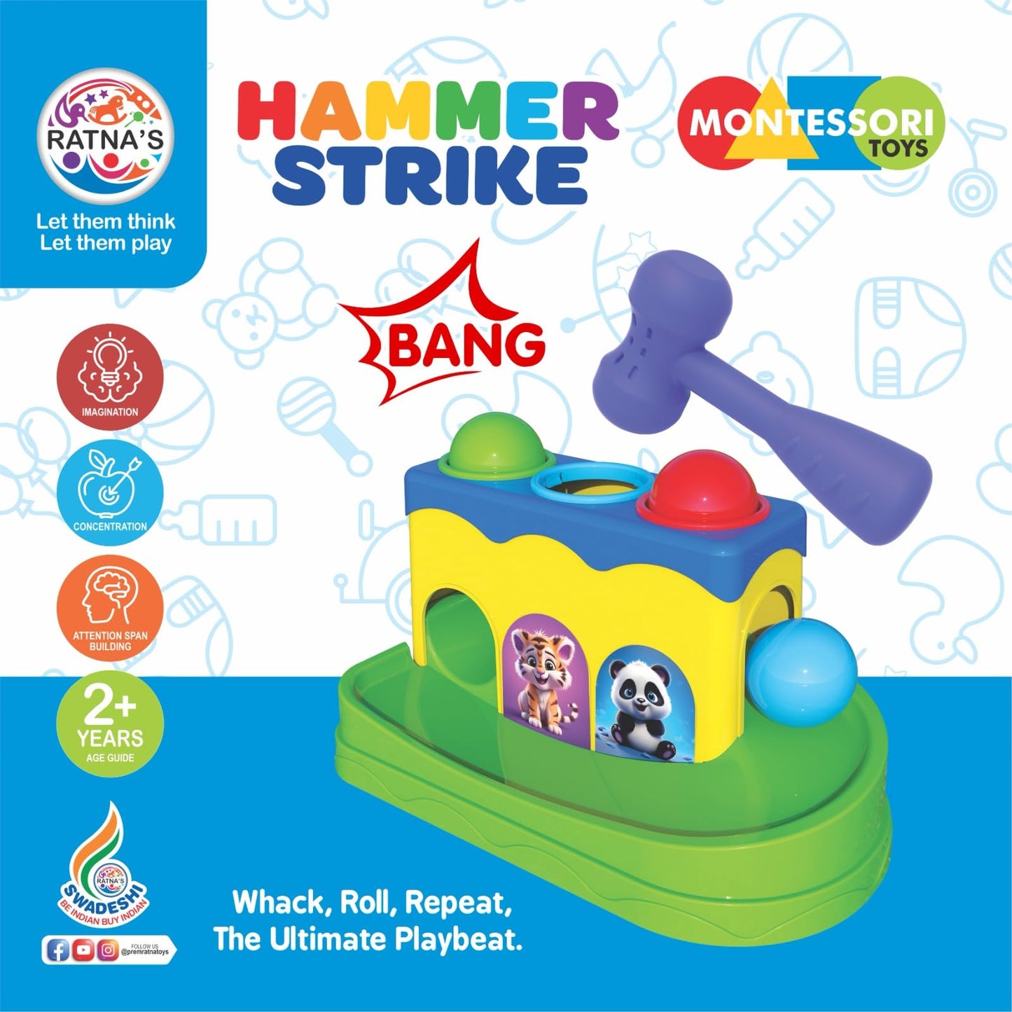 Ratna's Hammer Strike Knock Ball Toy to See The Balls Roll Out for Toddlers & Kids