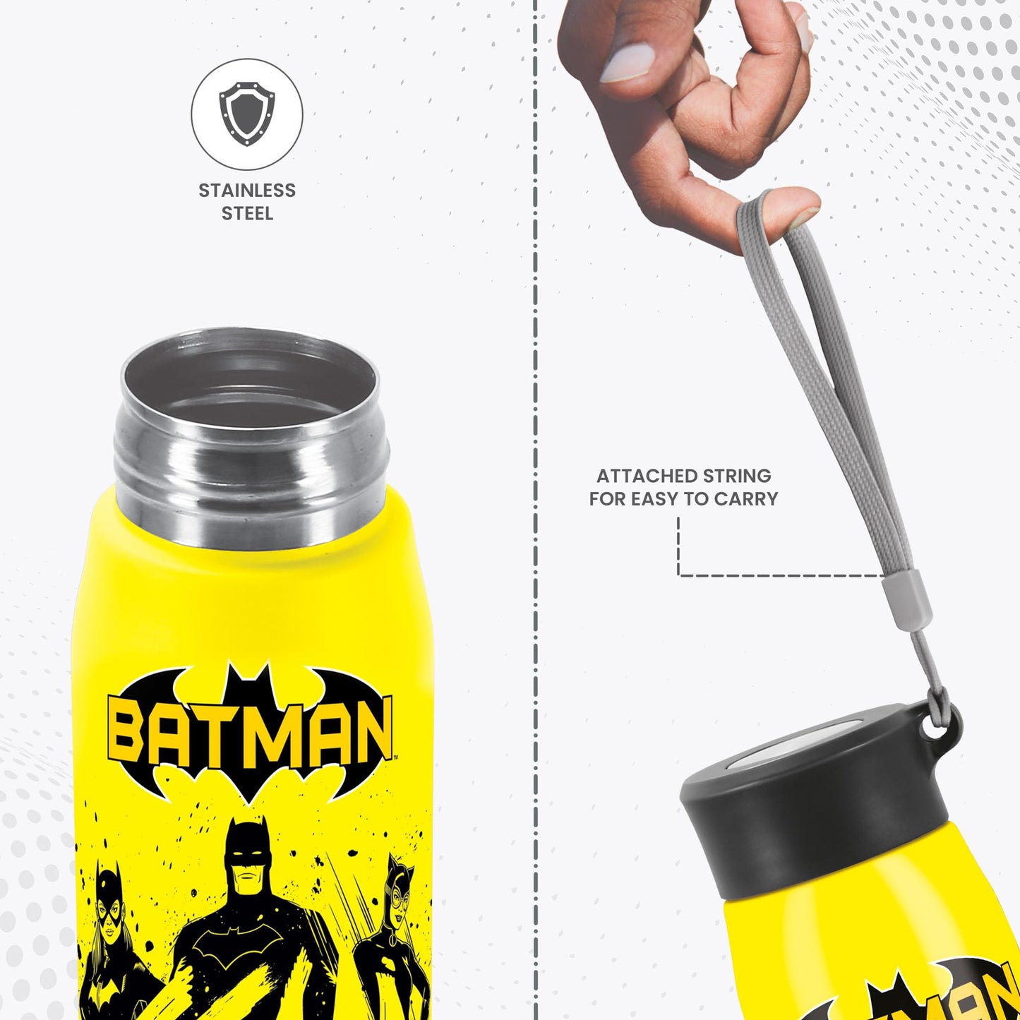 Milton Handy Design 850 Stainless Steel Water Bottle, 780 ml, Yellow (Super Heroes - Batman)| Single walled | Leak Proof | Gym Bottle | Home | Kitchen | Hiking | Treking Bottle | Travel Bottle