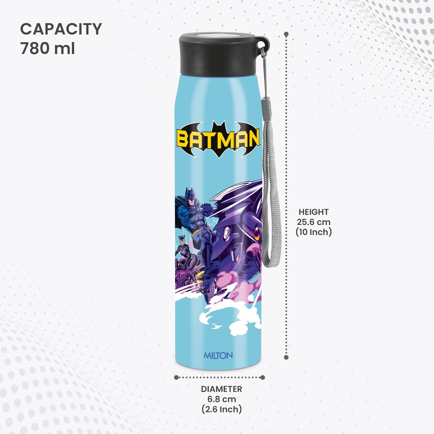 Milton Handy Design 850 Stainless Steel Water Bottle, 780 ml, Blue (Super Heroes - Batman)| Single walled | Leak Proof | Gym Bottle | Home | Kitchen | Hiking | Treking Bottle | Travel Bottle