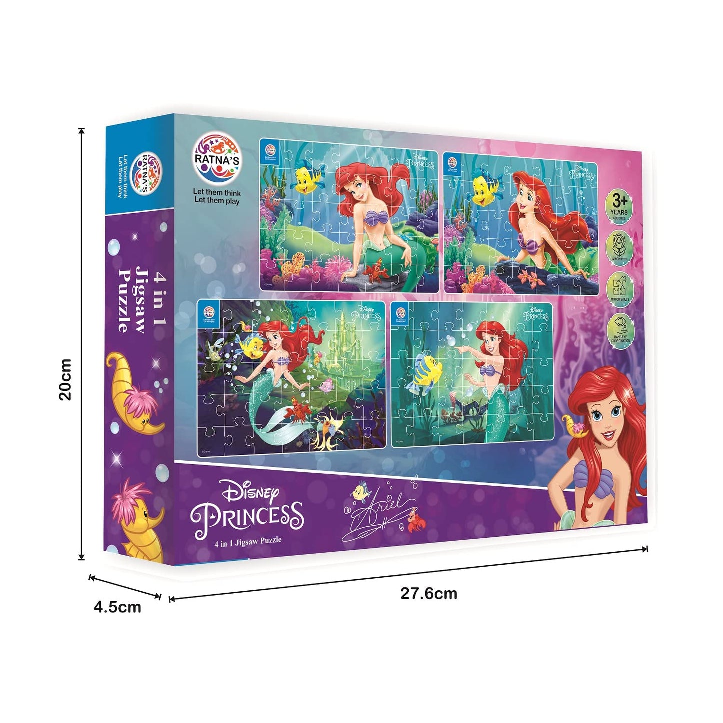 Ratna's 4 in 1 Disney Jigsaw Puzzle 140 Pieces for Kids. 4 Jigsaw Puzzles 35 Pieces Each (Mermaid Ariel)