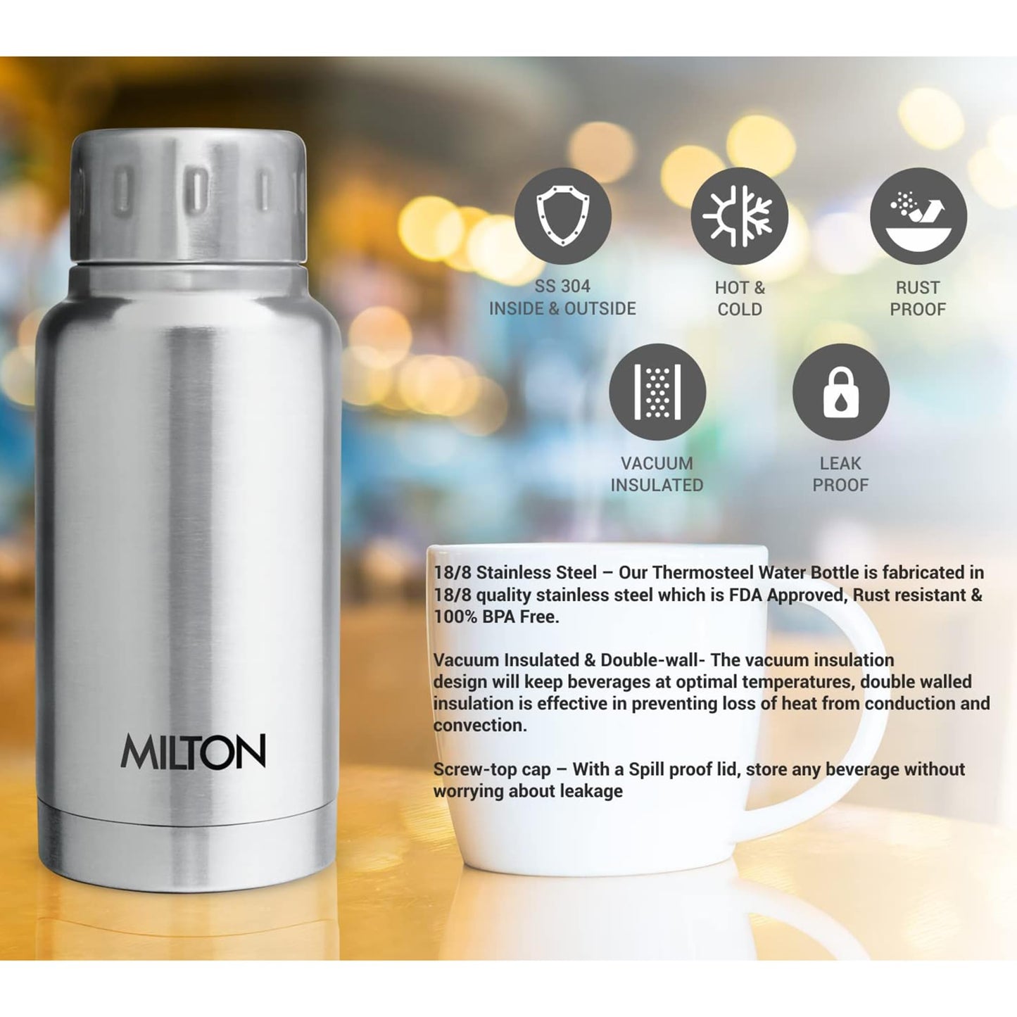 Milton Elfin 160 Thermosteel Bottle, 160 ml Water Bottles, 24 Hours Hot and Cold, Easy to Carry, Easy Grip, Rust Proof, Tea, Coffee, Office, Travel Bottle, Silver