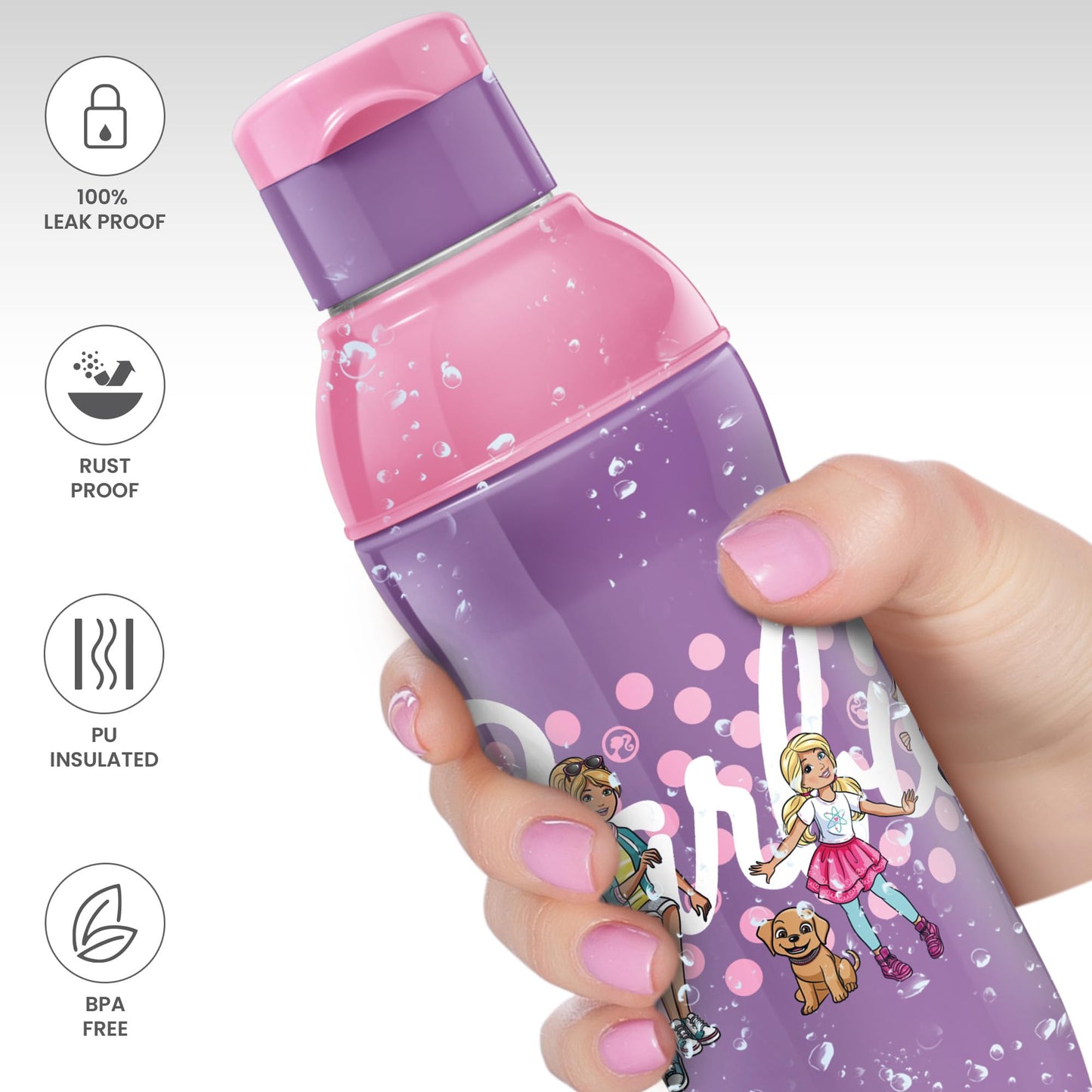 Milton Steel Barbie 600 Insulated Inner Stainless Steel Kids Water Bottle, 520 ml, Pink & Purple | PU Insulated | Hot & Cold | Easy to Carry | Leak Proof