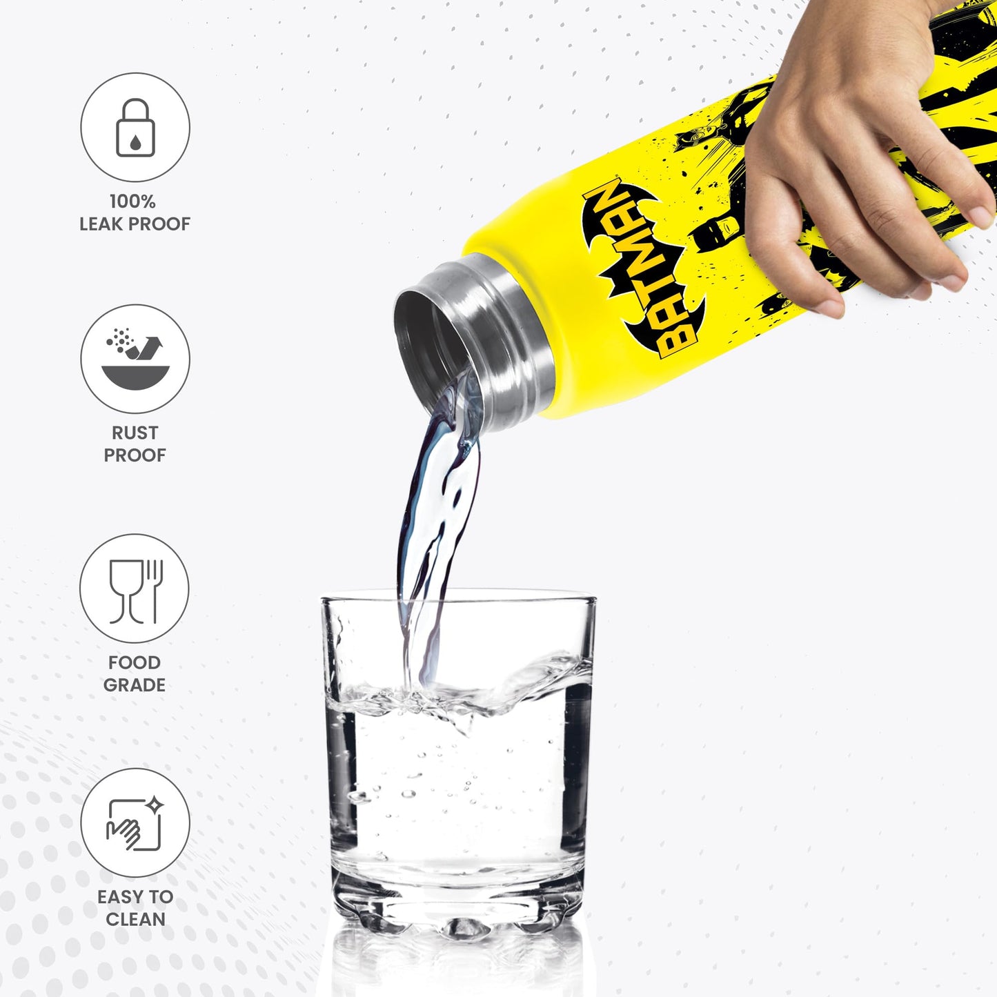 Milton Handy Design 850 Stainless Steel Water Bottle, 780 ml, Yellow (Super Heroes - Batman)| Single walled | Leak Proof | Gym Bottle | Home | Kitchen | Hiking | Treking Bottle | Travel Bottle