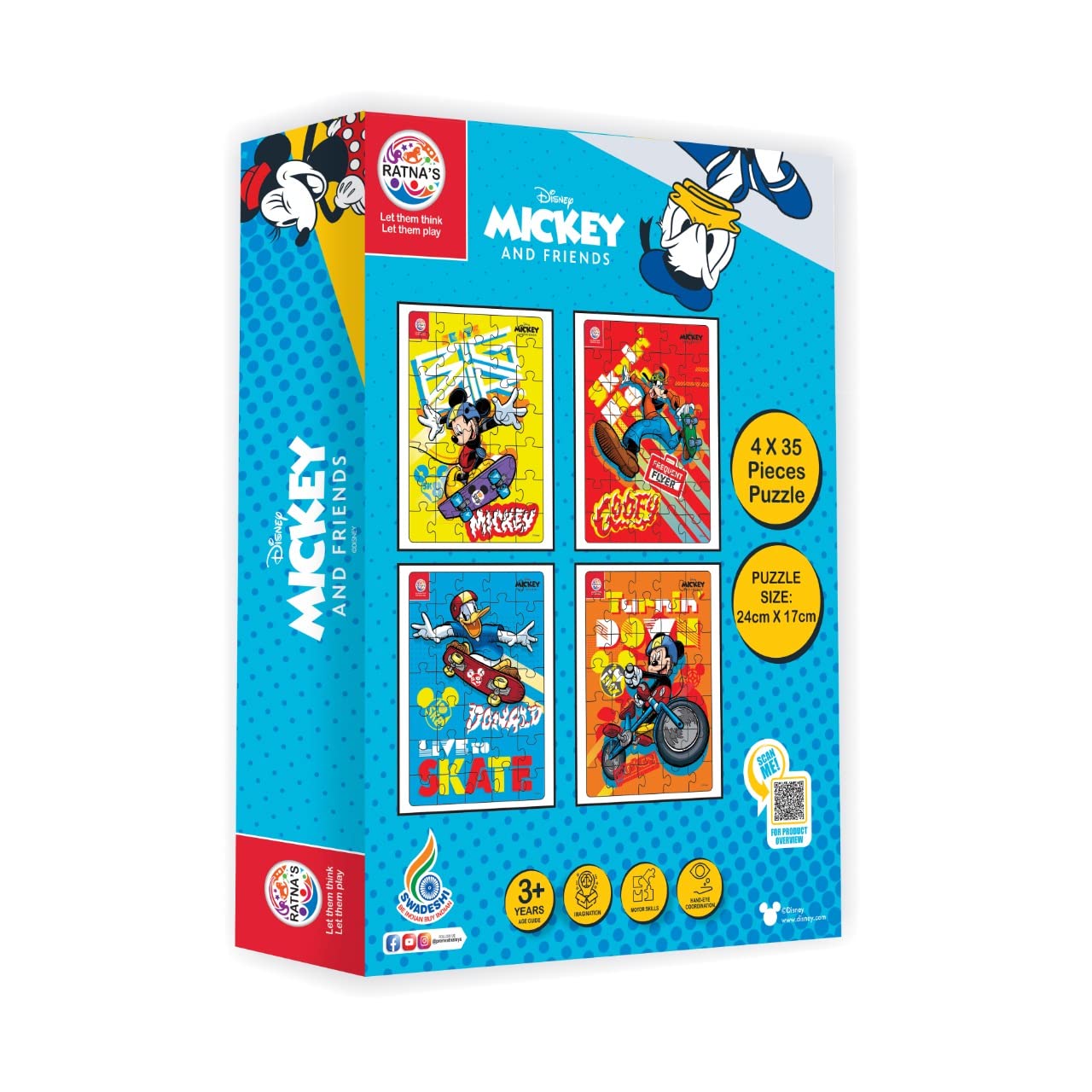 Ratna's 4 in 1 Disney Jigsaw Puzzle 140 Pieces for Kids. 4 Jigsaw Puzzles 35 Pieces Each (Mickey Mouse, Donald Duck, Goofy Vertical)