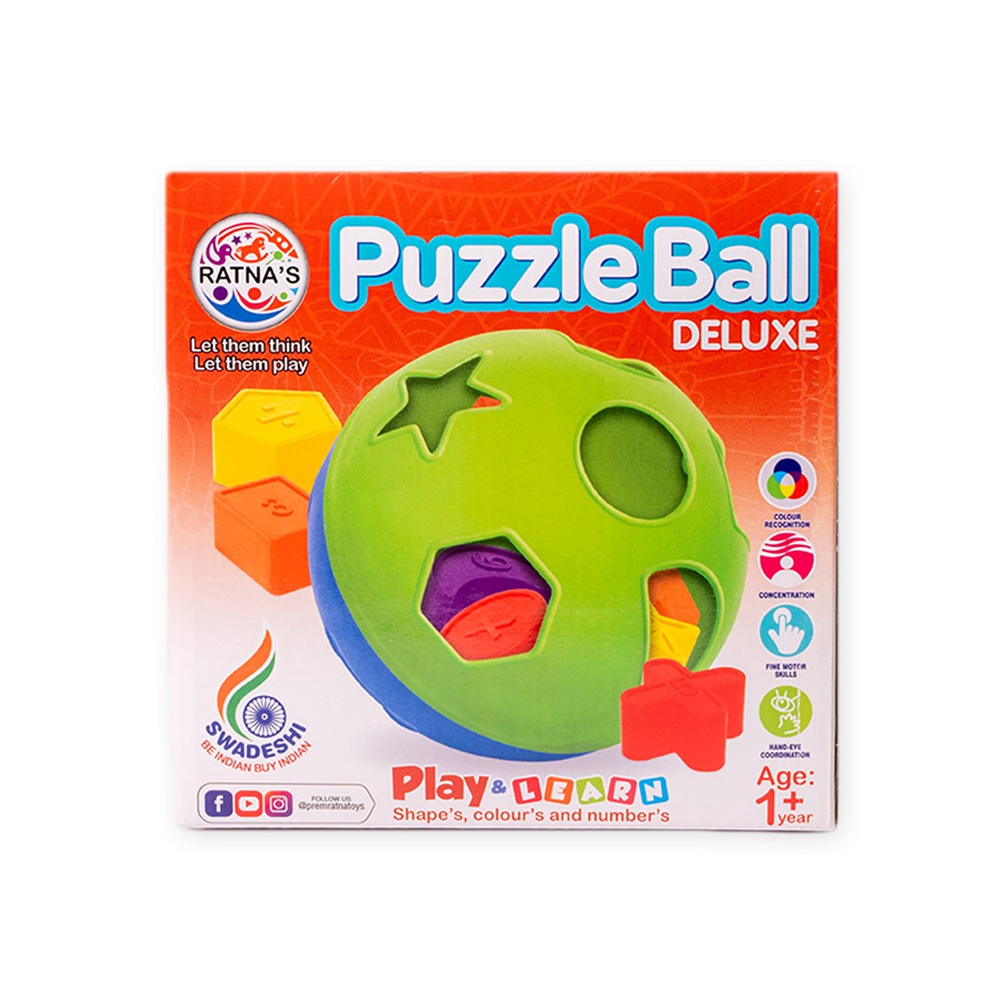 Ratna's Educational Puzzle Ball for Kids 2 in 1. Let Them Learn time with Shapes - Multicolor