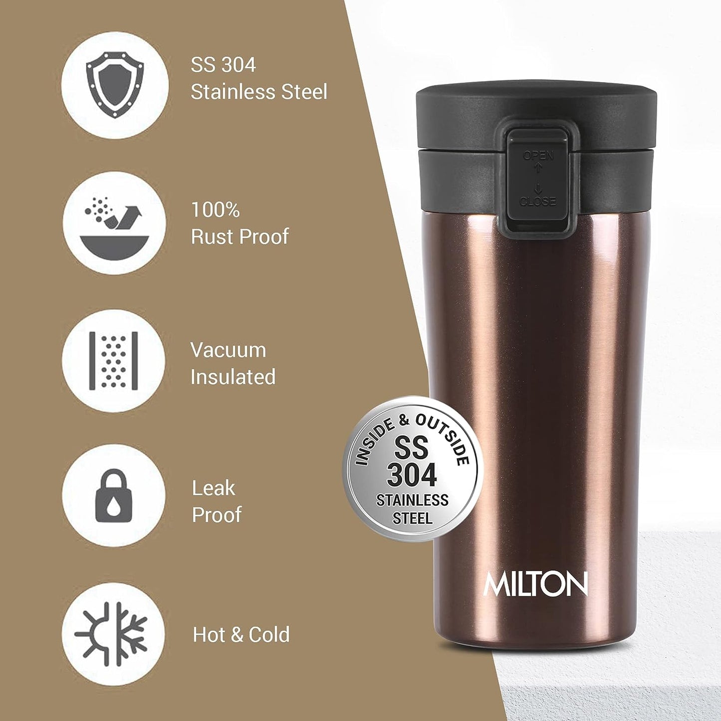 Milton Coffee Mug Thermosteel Hot or Cold Insulated Flask, 300 ml, Peach | Leak Proof | Rust Proof | Tea Mug | Soup Flask | Juice Mug | Water Flask | Easy Grip | Easy to Carry