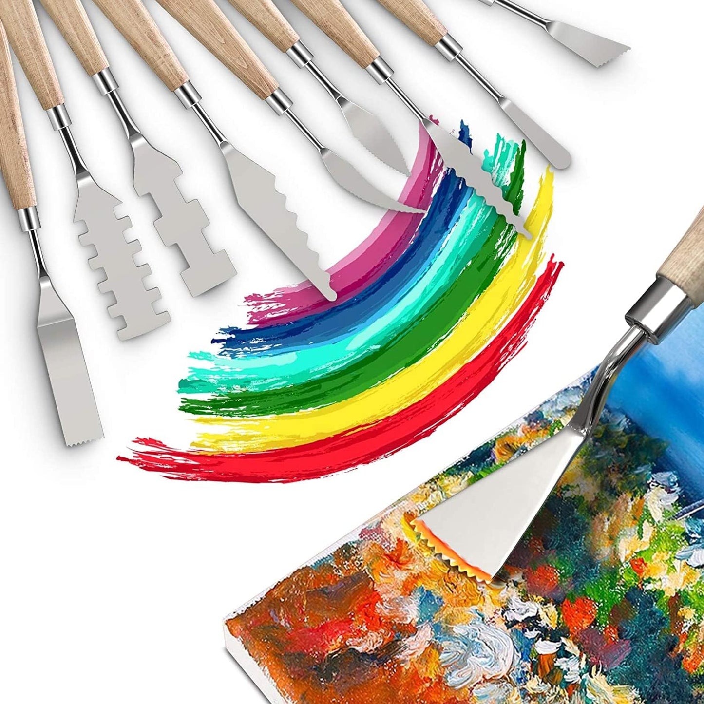 Satyam's 10 Pieces Painting Knives with Wood Grip Handle Stainless Steel Palette Knife Set Oil Painting Metal Knives Color Mixing Scraper Painting Art