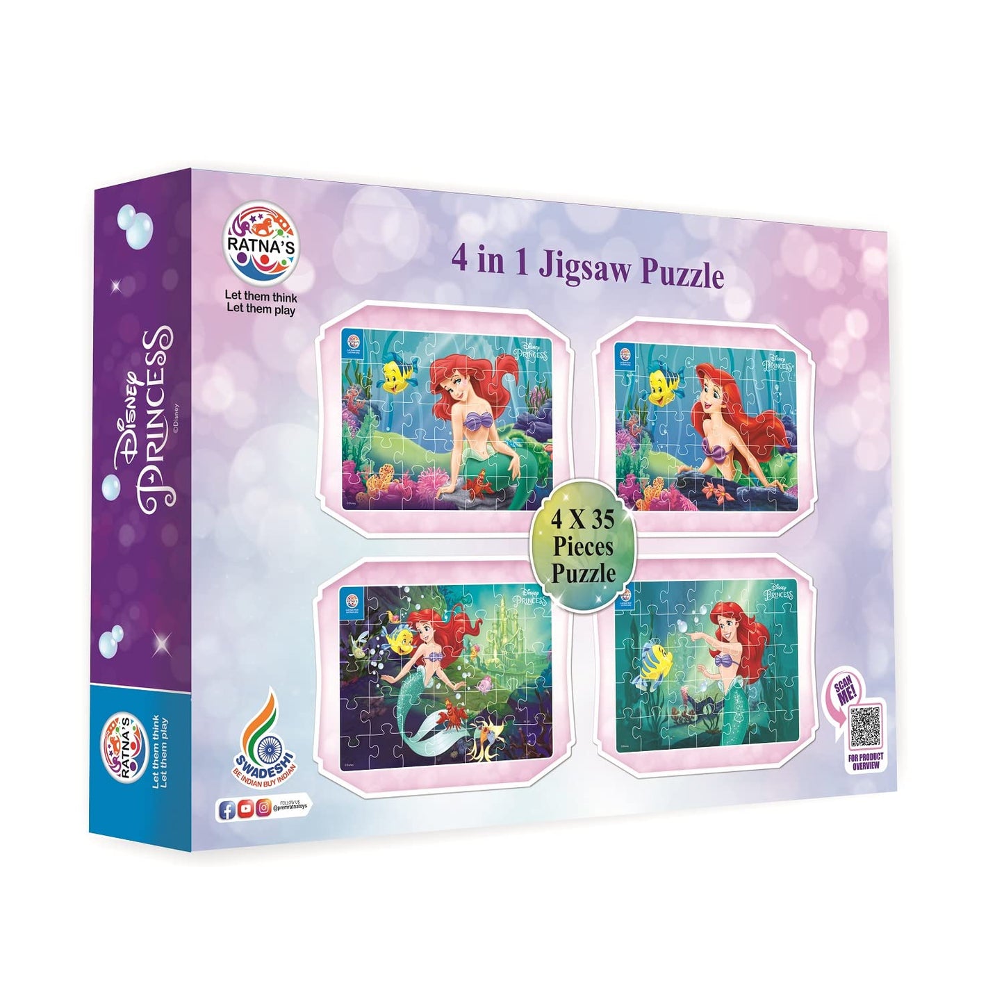 Ratna's 4 in 1 Disney Jigsaw Puzzle 140 Pieces for Kids. 4 Jigsaw Puzzles 35 Pieces Each (Mermaid Ariel)