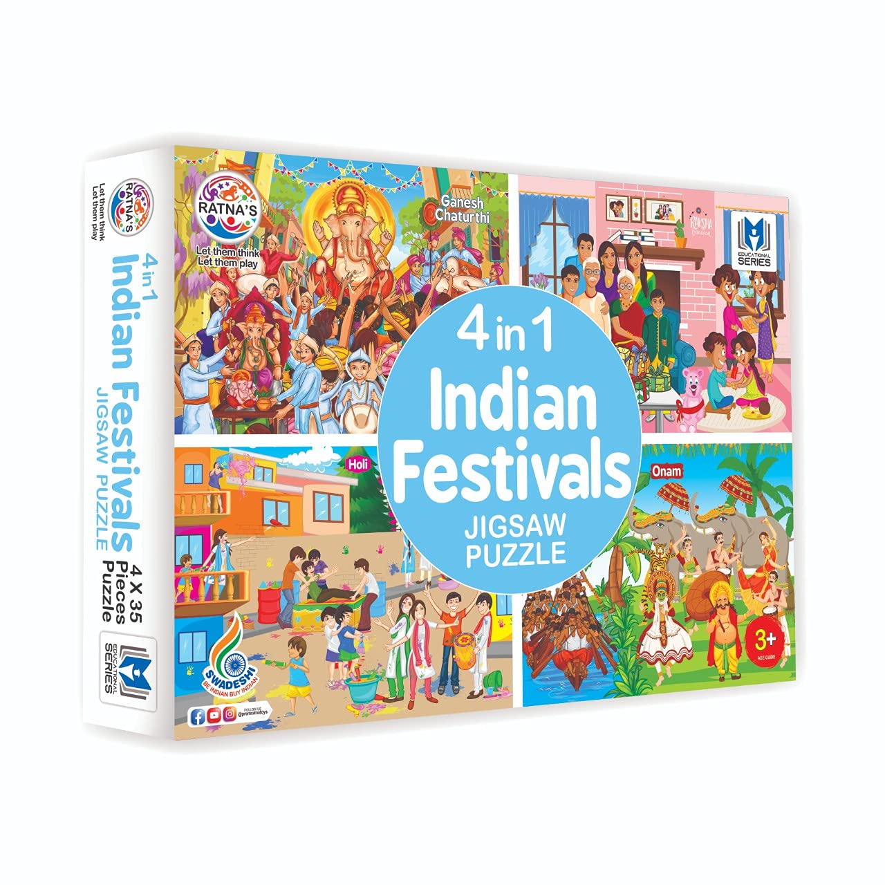 Ratna's 4 in 1 Indian Festivals Jigsaw Puzzle for Kids. 4 Jigsaw Puzzles with 35 Pieces Each (Ganesh CHATURTHI, RAKSHA BANDHAN, Holi & ONAM)