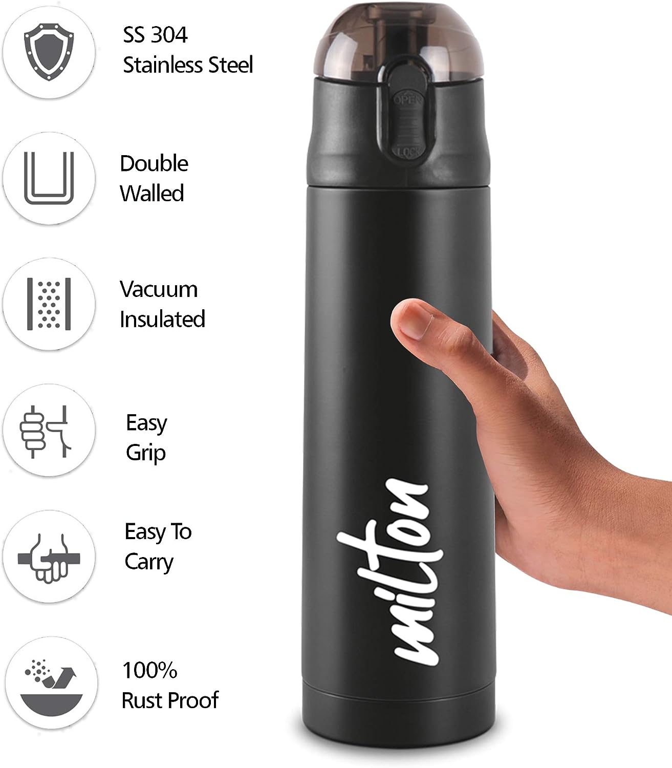 Milton New Crown 400 Thermosteel Hot or Cold Water Bottle, 350 ml, Black | Easy to Carry | Office Bottle | Hiking | Trekking | Travel Bottle | Gym | Home | Kitchen Bottle