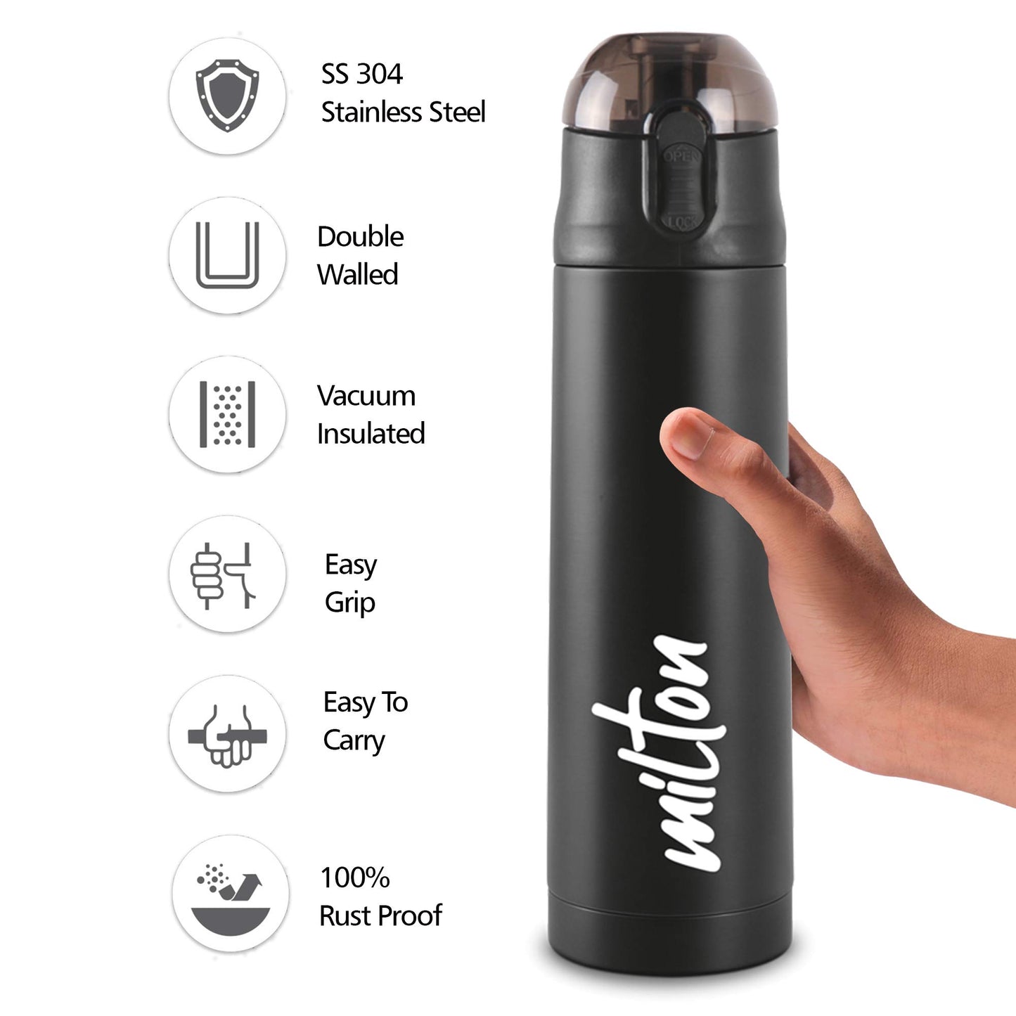 Milton New Crown 600 Thermosteel Bottle with One Touch Safety Lock, 500 ml Water Bottles, 24 Hours Hot and Cold, Easy to Carry, Easy Grip, Rust Proof, Tea, Coffee, Office, Travel Bottle, Black