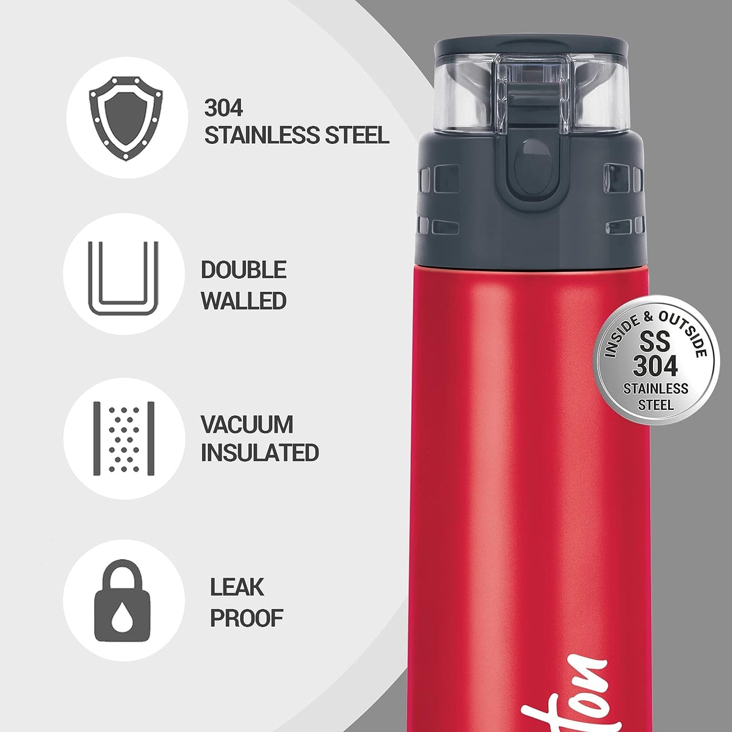 Milton Atlantis 600 Thermosteel Insulated Water Bottle, 500 ml, Red | Hot and Cold | Leak Proof | Office Bottle | Sports | Home | Kitchen | Hiking | Treking | Travel | Easy to Carry | Rust Proof