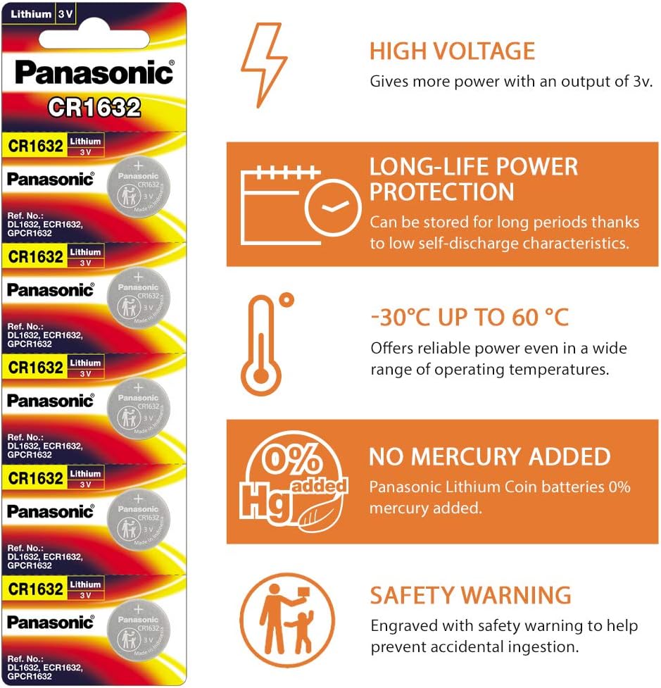 Panasonic CR-1632 Lithium Coin Battery 3v - Pack of 5 Provide Long Lasting Power in a Variety of Devices,from keyless-Entry fobs to Toys