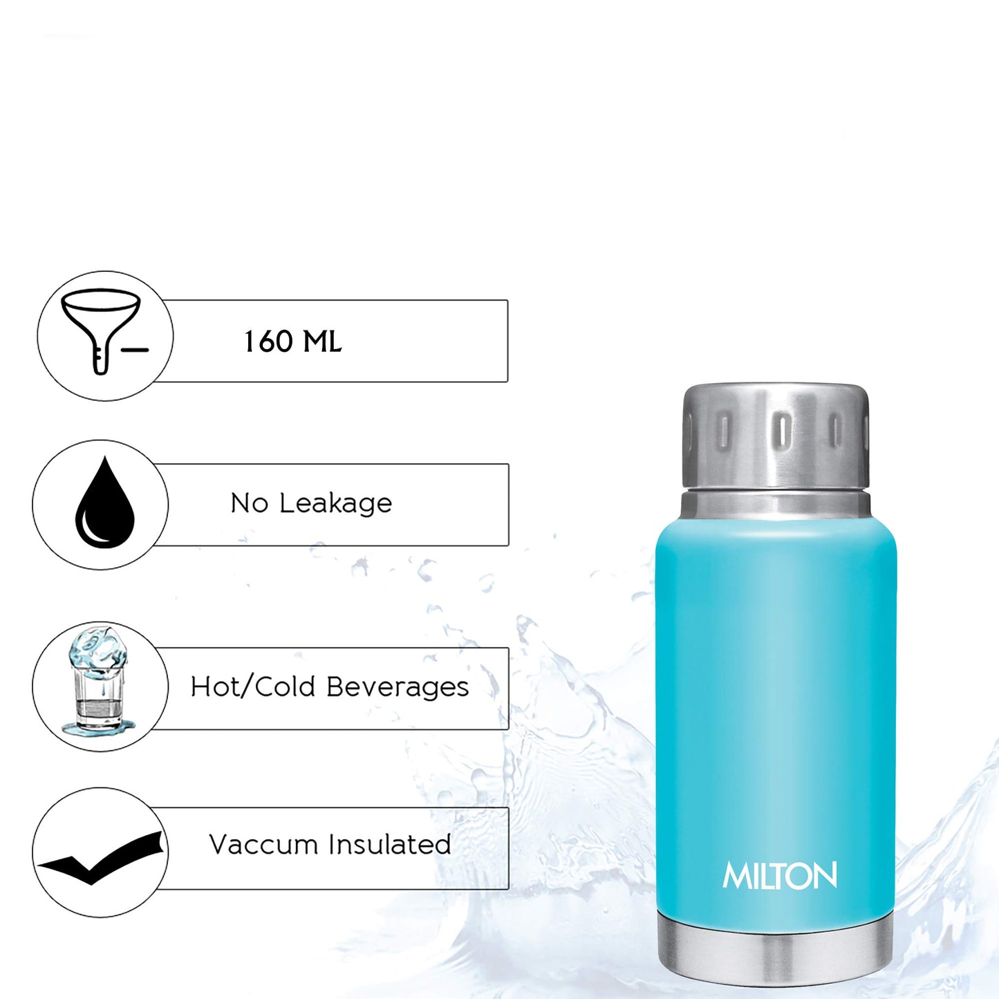 Milton Elfin 160 Thermosteel Bottle, 160 ml Water Bottles, 24 Hours Hot and Cold, Easy to Carry, Easy Grip, Rust Proof, Tea, Coffee, Office, Travel Bottle, Light Blue