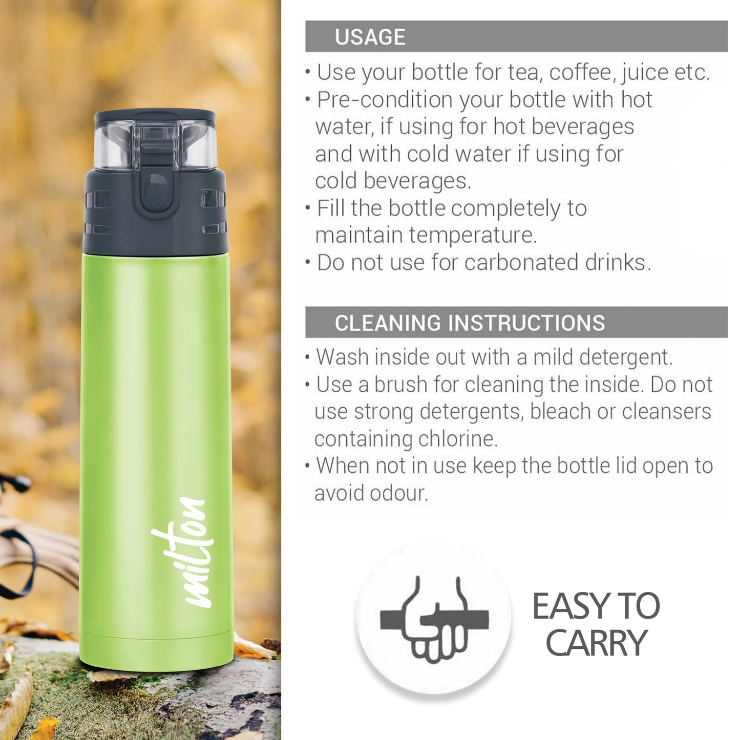 Milton Atlantis 400 Thermosteel Insulated Water Bottle, 350 ml, Green | Hot and Cold | Leak Proof | Office Bottle | Sports | Home | Kitchen | Hiking | Treking | Travel | Easy to Carry | Rust Proof