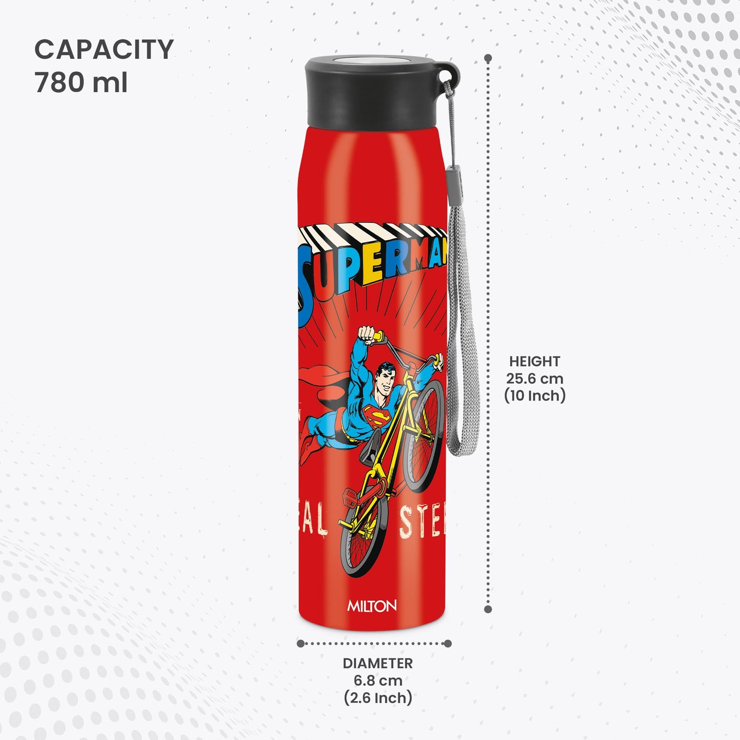 Milton Handy Design 850 Stainless Steel Water Bottle, 780 ml, Red (Super Heroes - Superman)| Single walled | Leak Proof | Gym Bottle | Home | Kitchen | Hiking | Treking Bottle | Travel Bottle