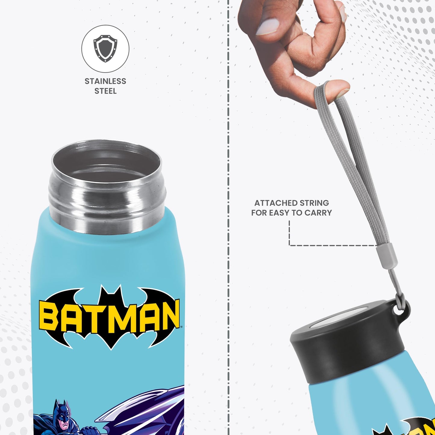 Milton Handy Design 850 Stainless Steel Water Bottle, 780 ml, Blue (Super Heroes - Batman)| Single walled | Leak Proof | Gym Bottle | Home | Kitchen | Hiking | Treking Bottle | Travel Bottle