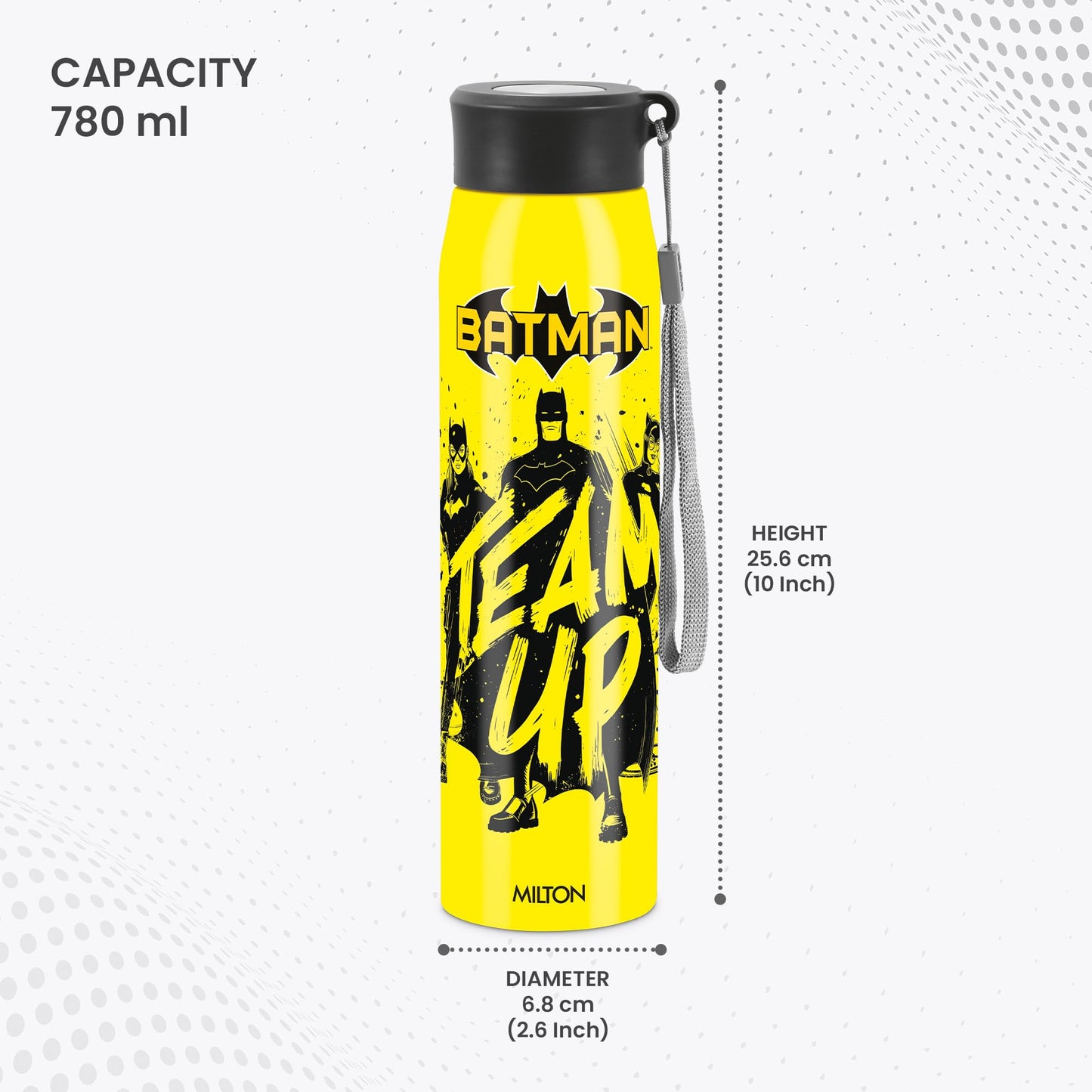 Milton Handy Design 850 Stainless Steel Water Bottle, 780 ml, Yellow (Super Heroes - Batman)| Single walled | Leak Proof | Gym Bottle | Home | Kitchen | Hiking | Treking Bottle | Travel Bottle