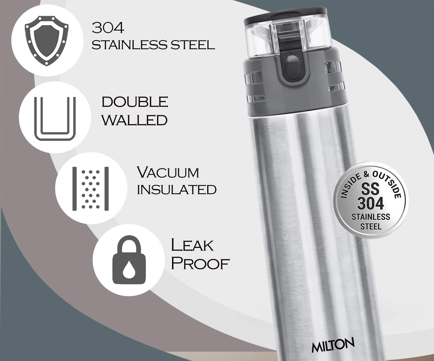 Milton Atlantis 400 Thermosteel Hot and Cold Water Bottle, 1 Piece, 350 ml, Silver | Leak Proof | Easy to Carry | Office Bottle | Hiking | Trekking | Travel Bottle | Gym | Home | Kitchen Bottle